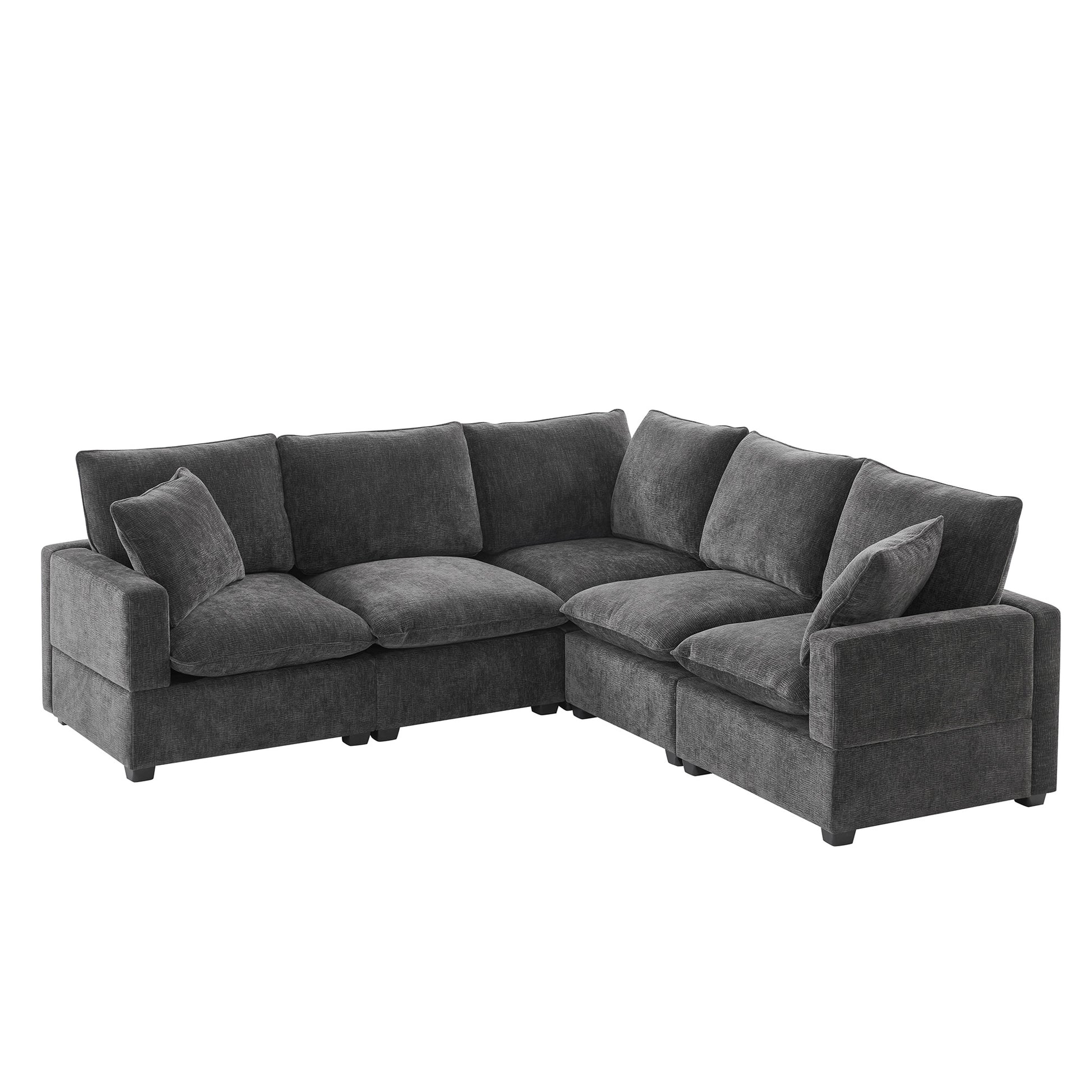 Dark grey fabric sectional sofa with plush cushions and throw pillows