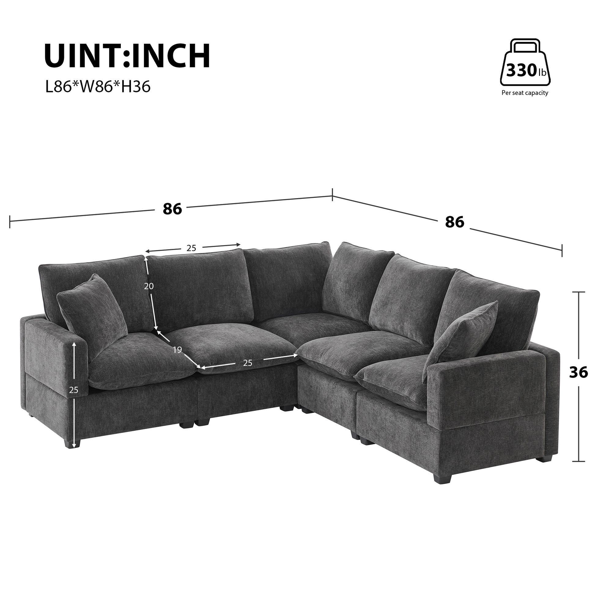 Dark gray fabric sectional sofa with plush cushions and Lshaped configuration