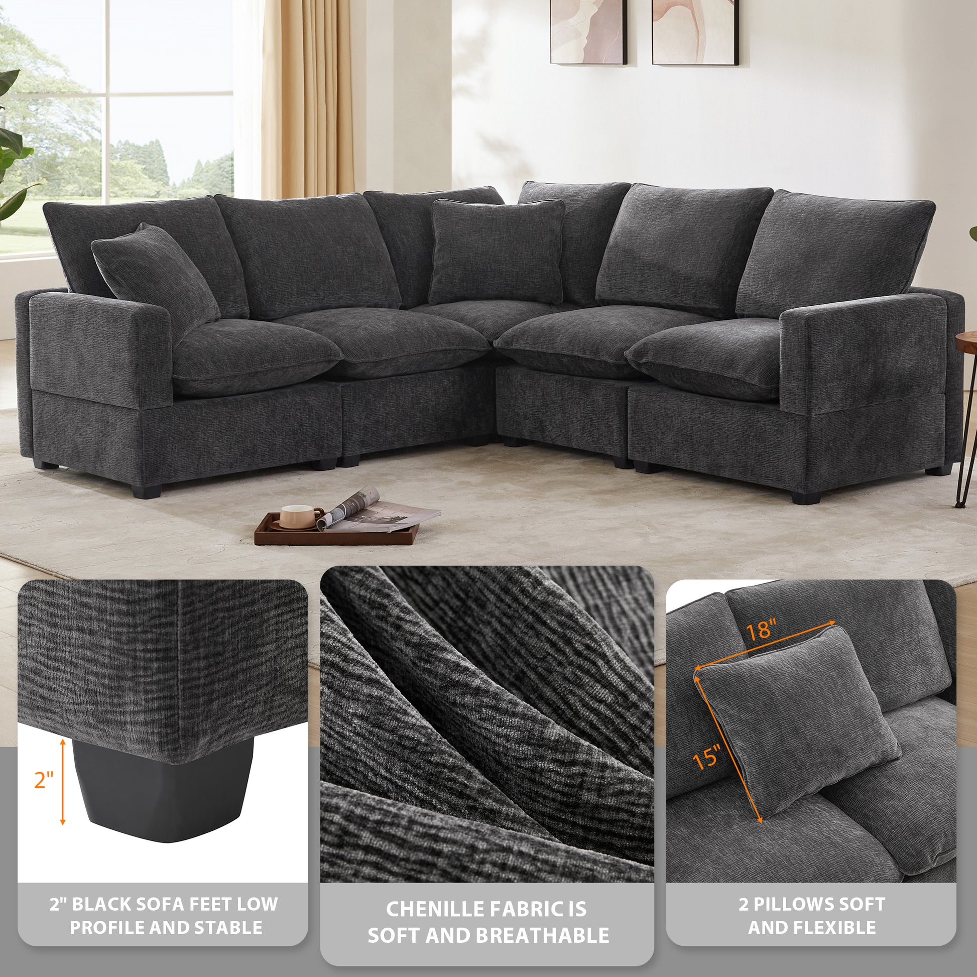 Dark grey modular sectional sofa with chenille fabric upholstery and plush throw pillows