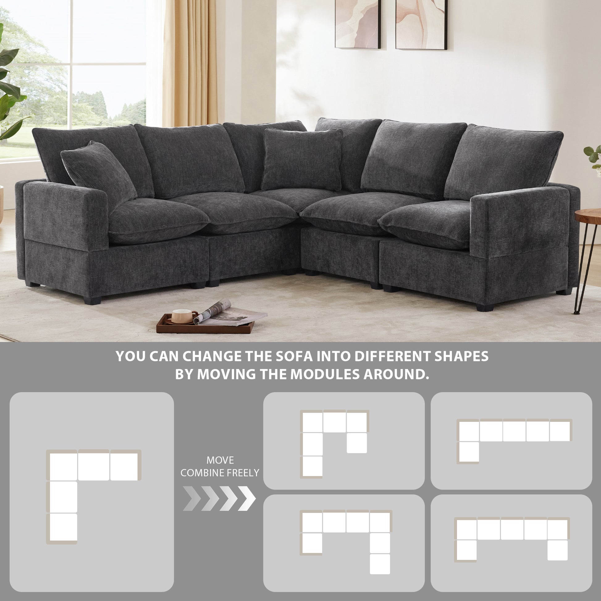 Dark gray fabric sectional sofa with plush cushions versatile and modular for any living room