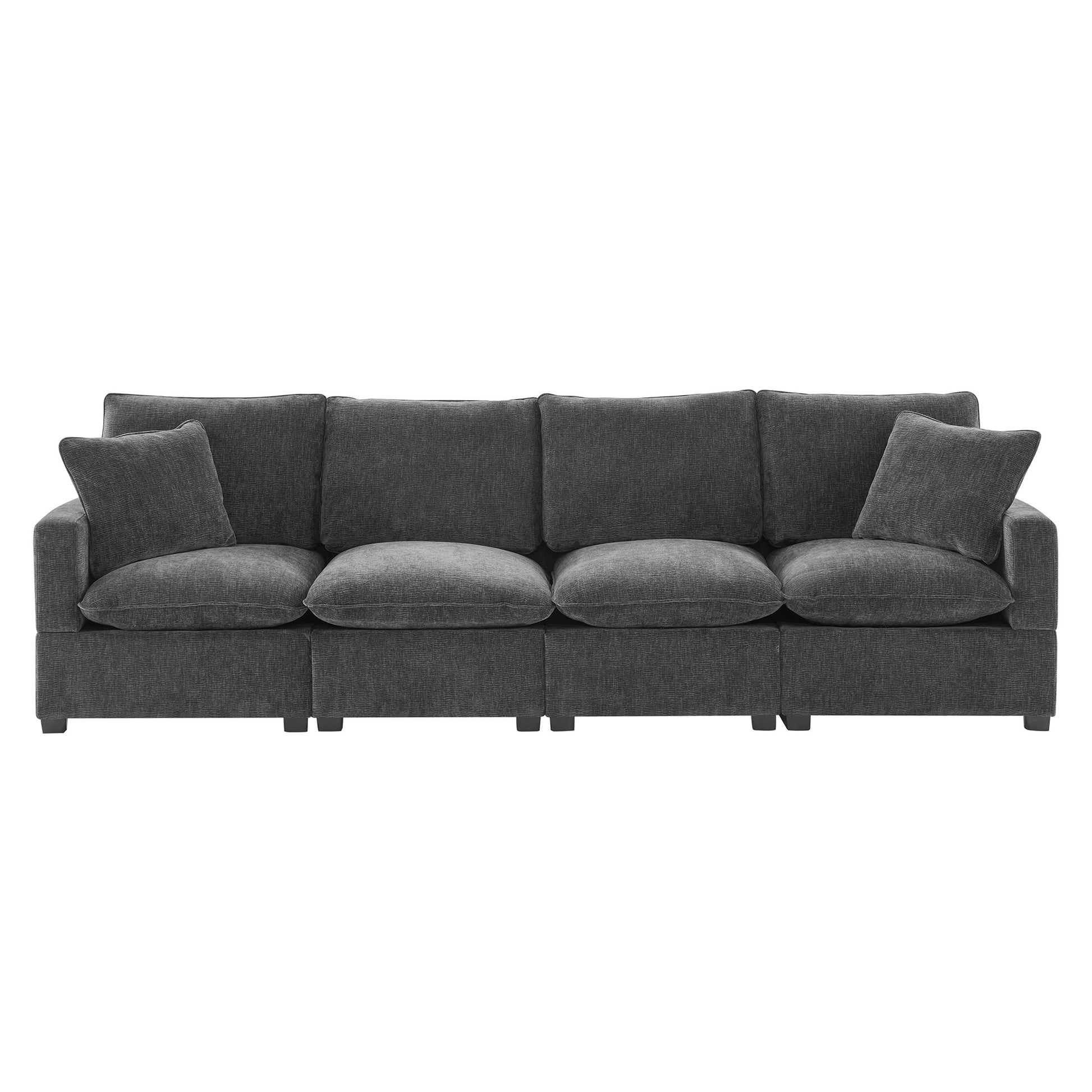 Fourseater charcoal grey fabric sofa with plush cushions and matching throw pillows