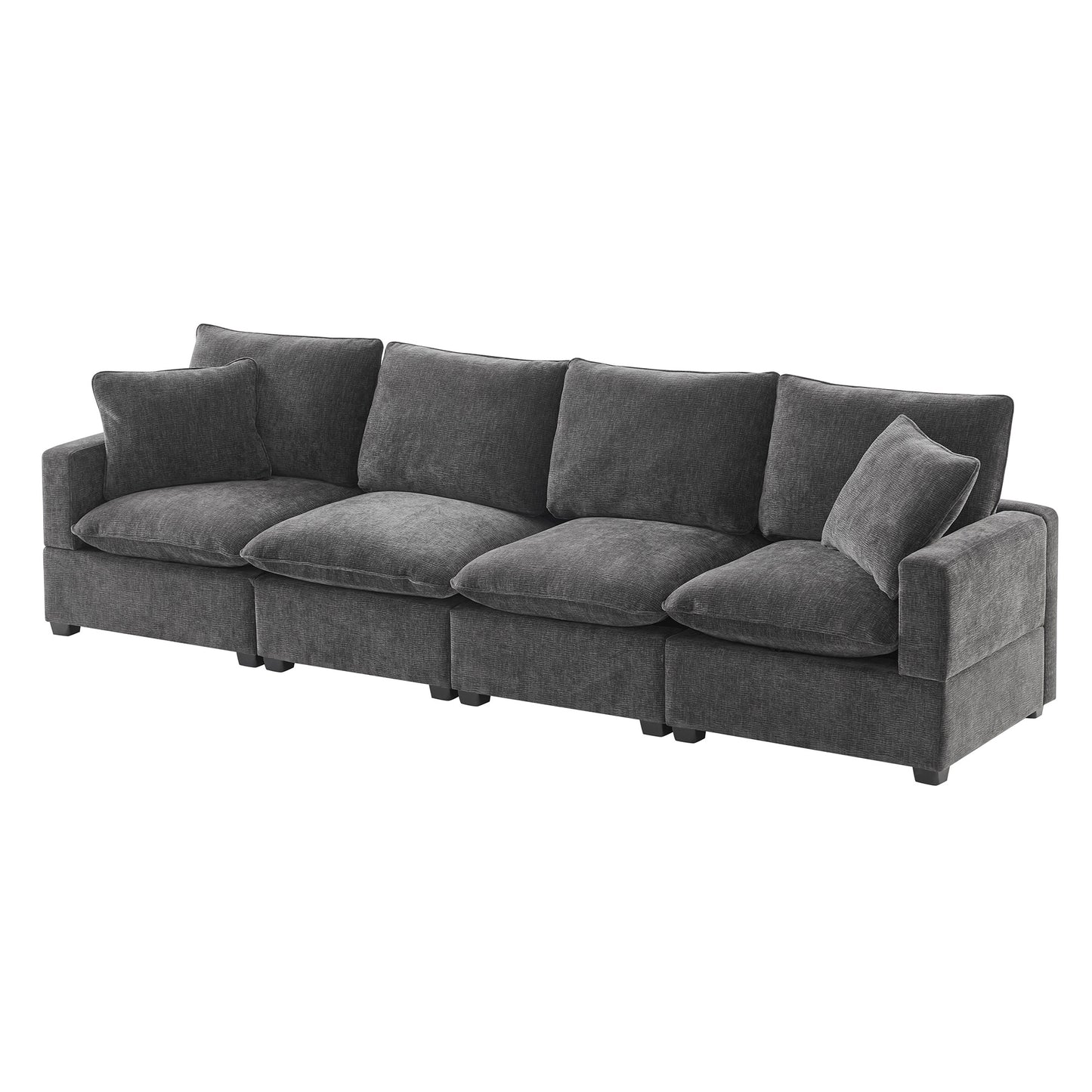 Plush charcoal gray sectional sofa with four seat cushions and ample arm support