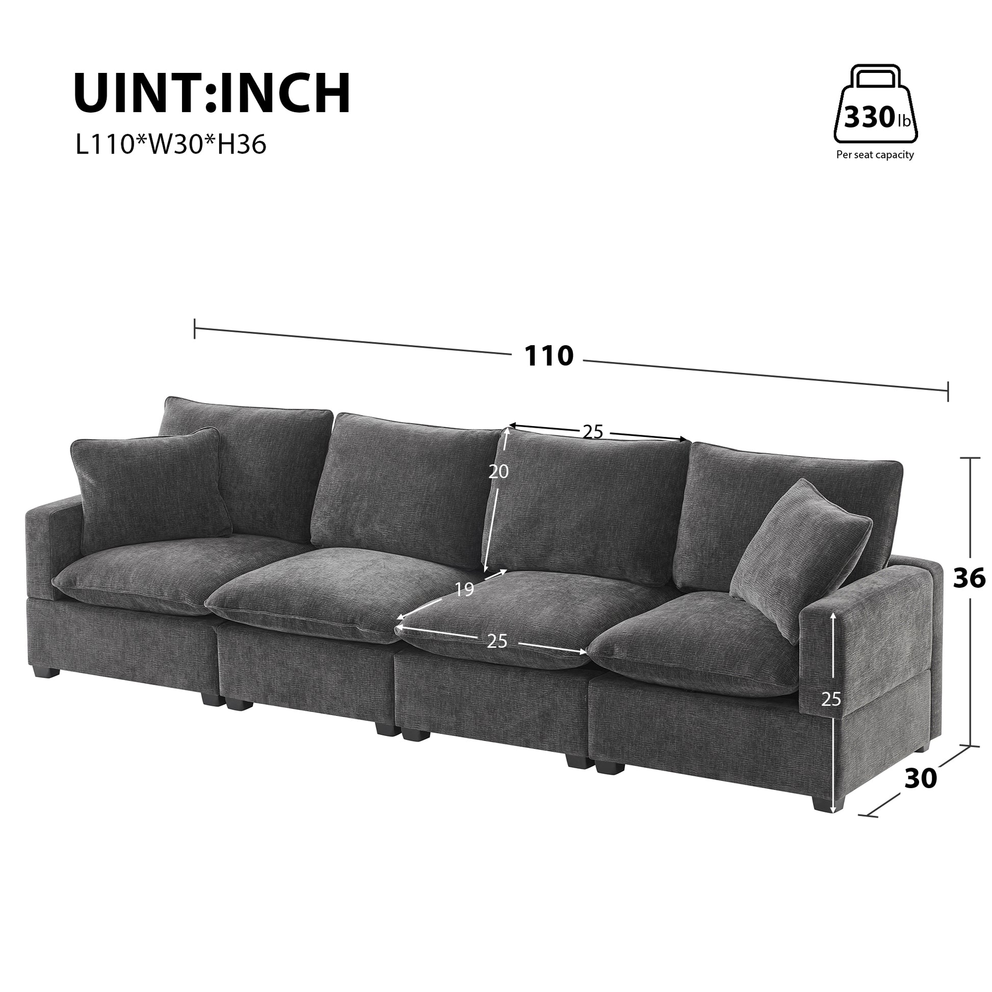 Dark grey textured fabric modular sofa with plush cushions  inches long