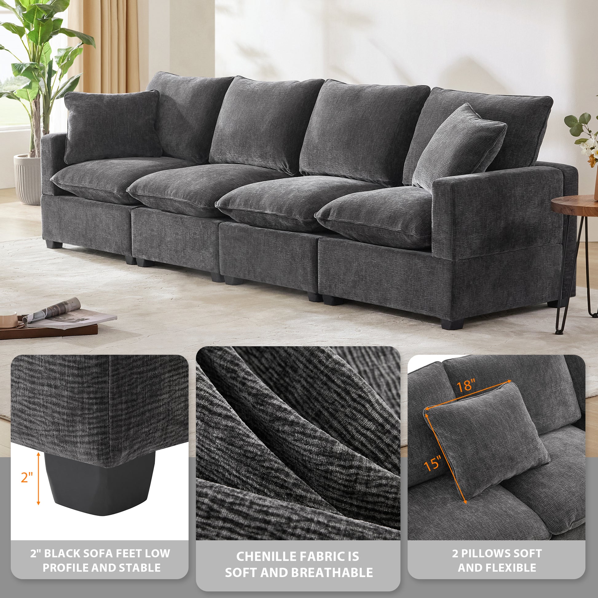 Dark gray chenille sectional sofa with plush cushions and modern lowprofile feet
