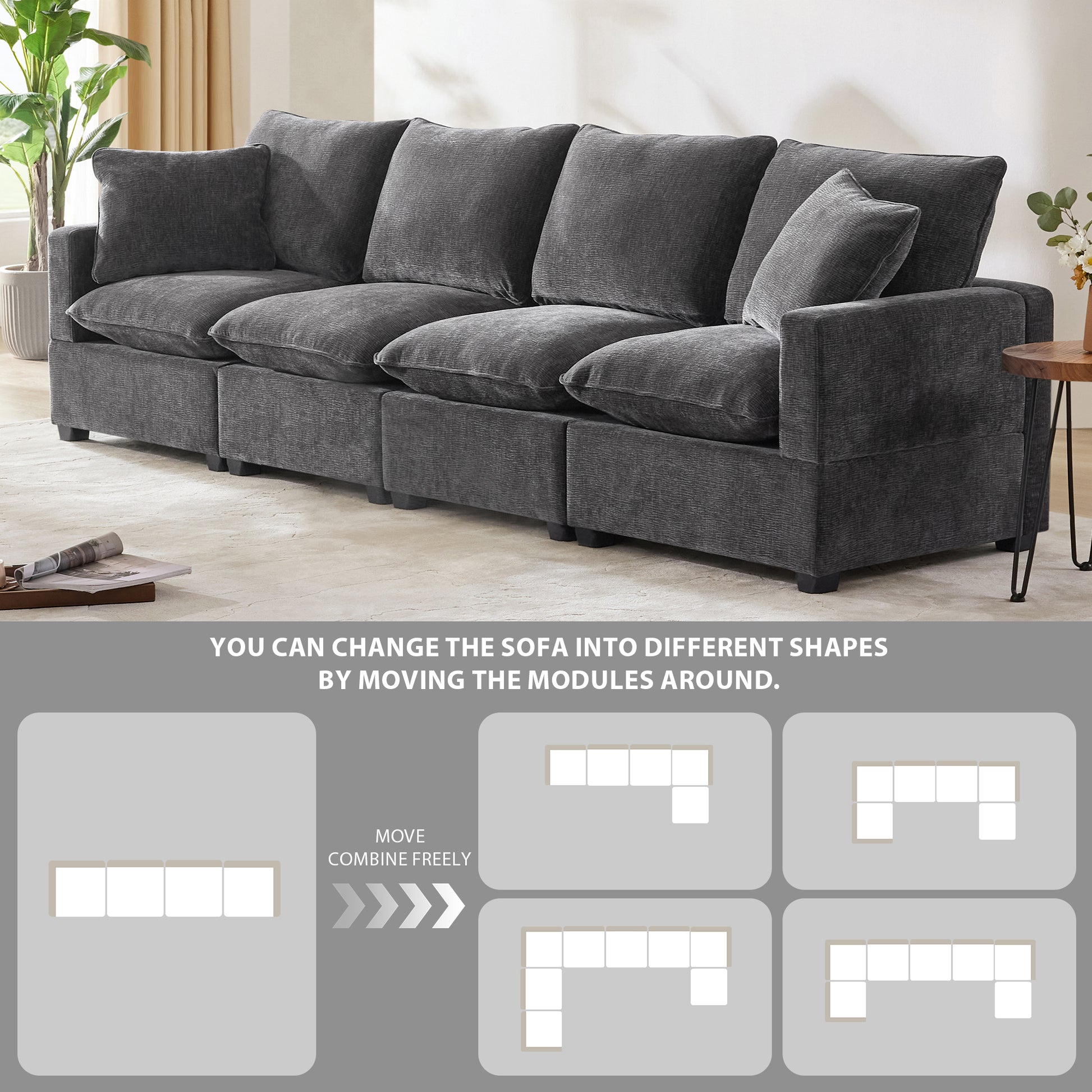 Dark gray sectional sofa with plush cushions and five movable modules