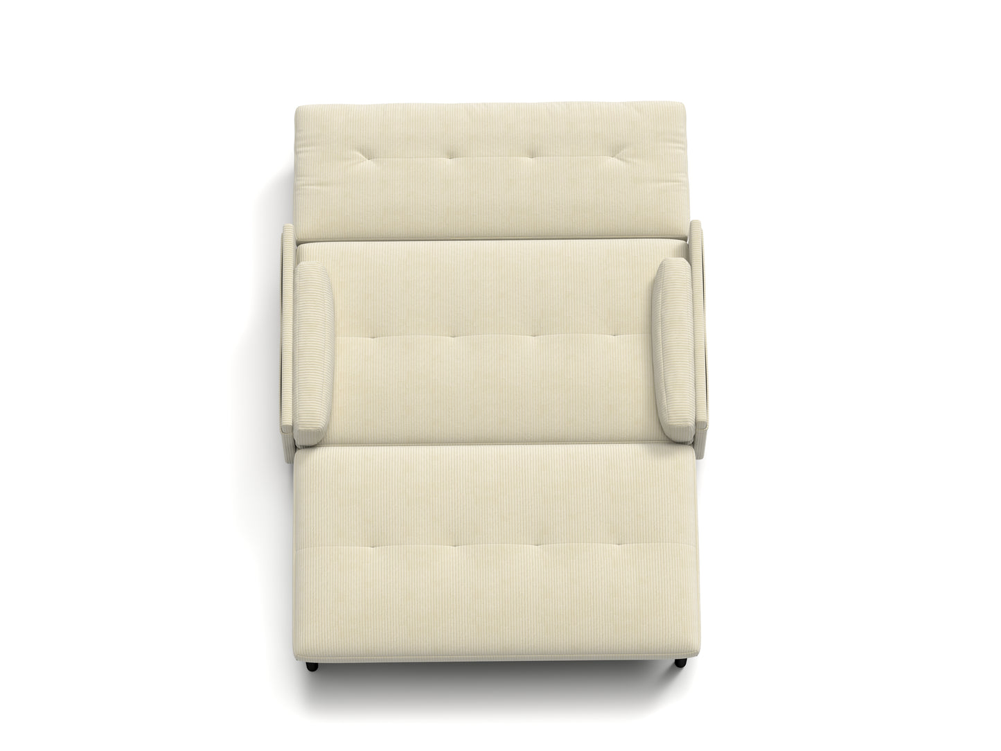 Top view of a cream corduroy sofa with tufted cushions and padded arms perfect for living rooms