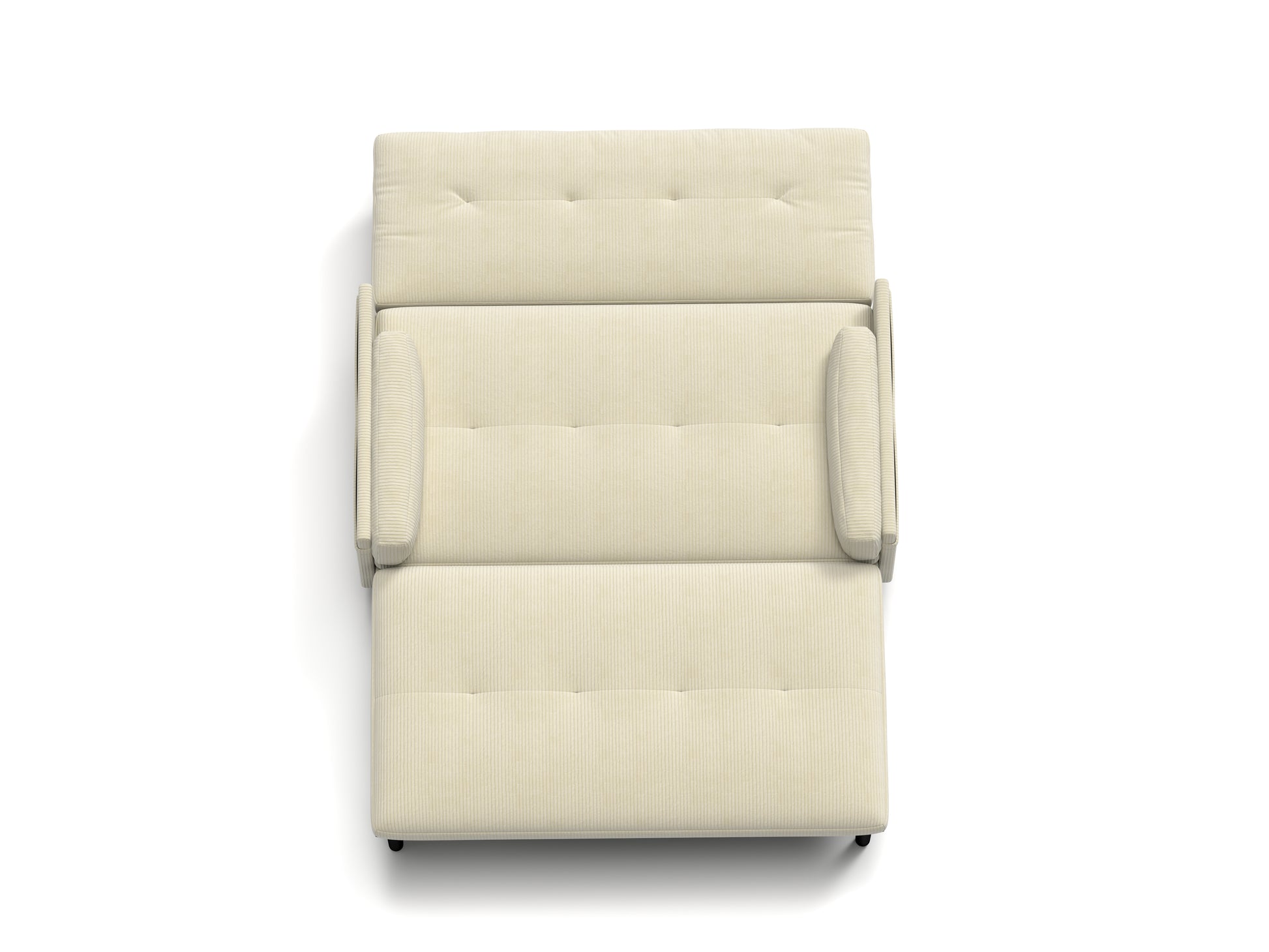 Top view of a cream corduroy sofa with tufted cushions and padded arms perfect for living rooms