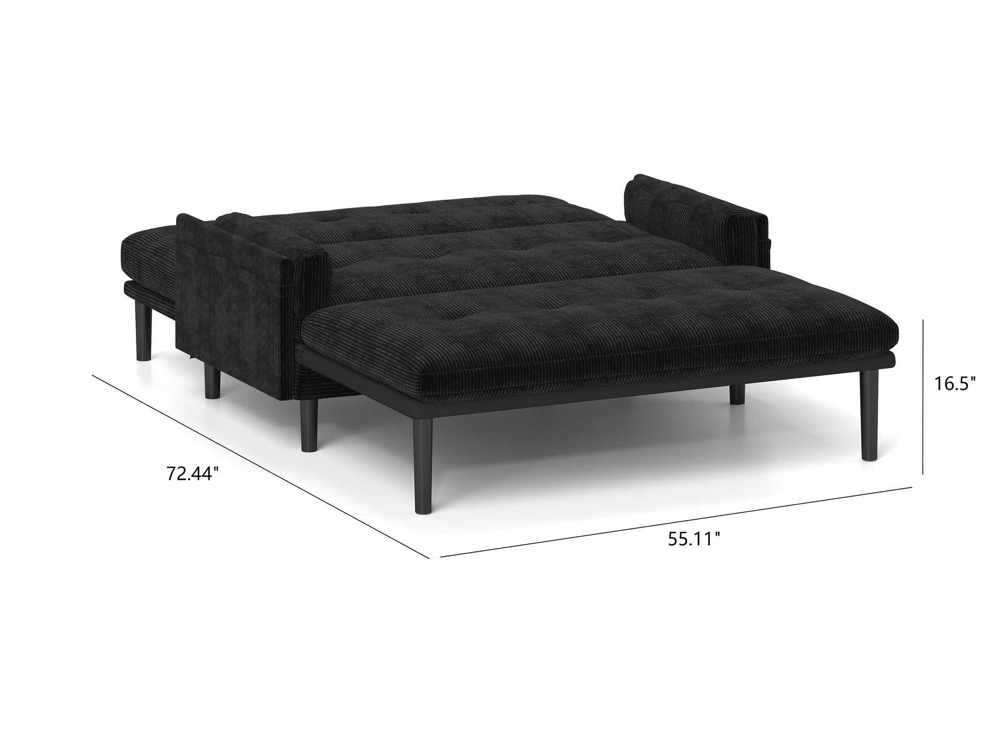 Black corduroy sofa bed tufted cushions wooden legs modern design  L x  W x  H