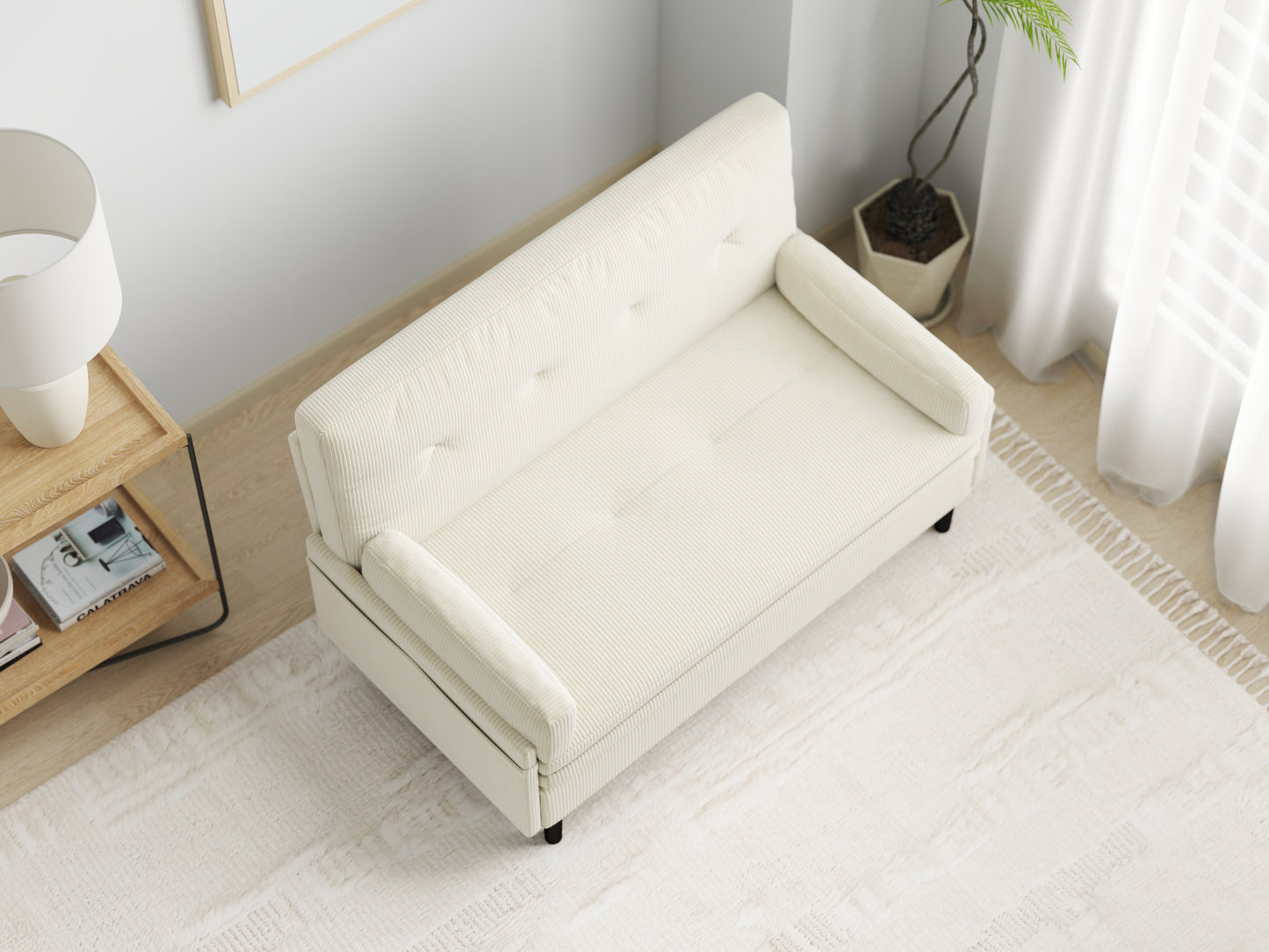 Cream corduroy loveseat with tufted back and button accents for a cozy living room