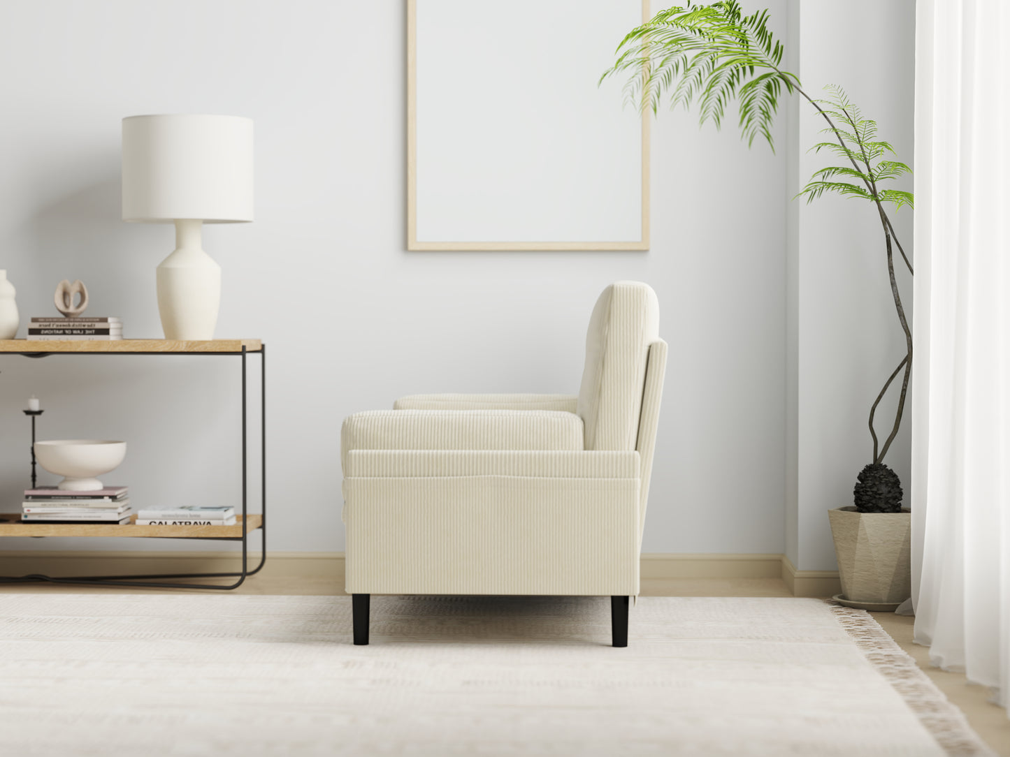 Cream corduroy accent chair with black legs and modern design
