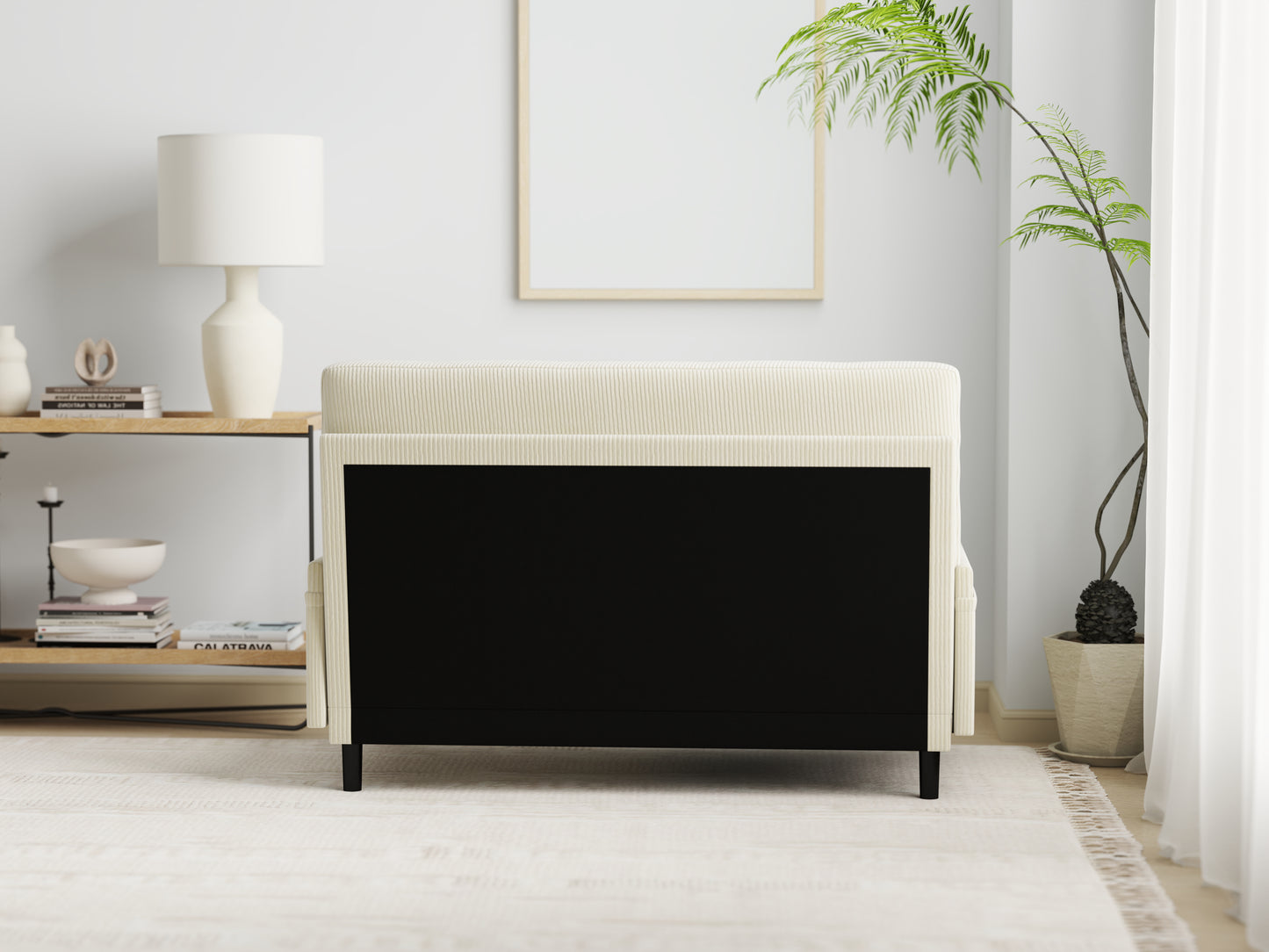 Cream corduroy loveseat with black base and legs modern design