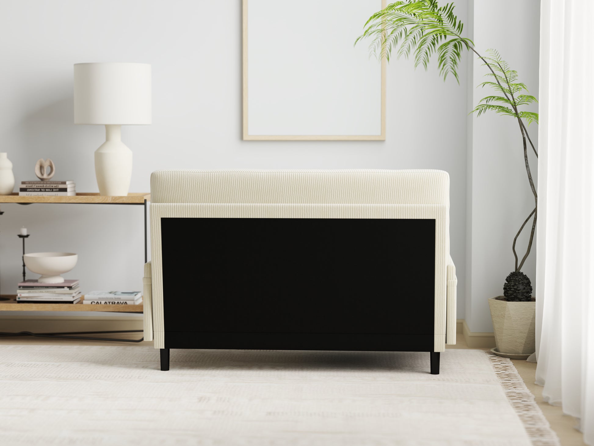 Cream corduroy loveseat with black base and legs modern design