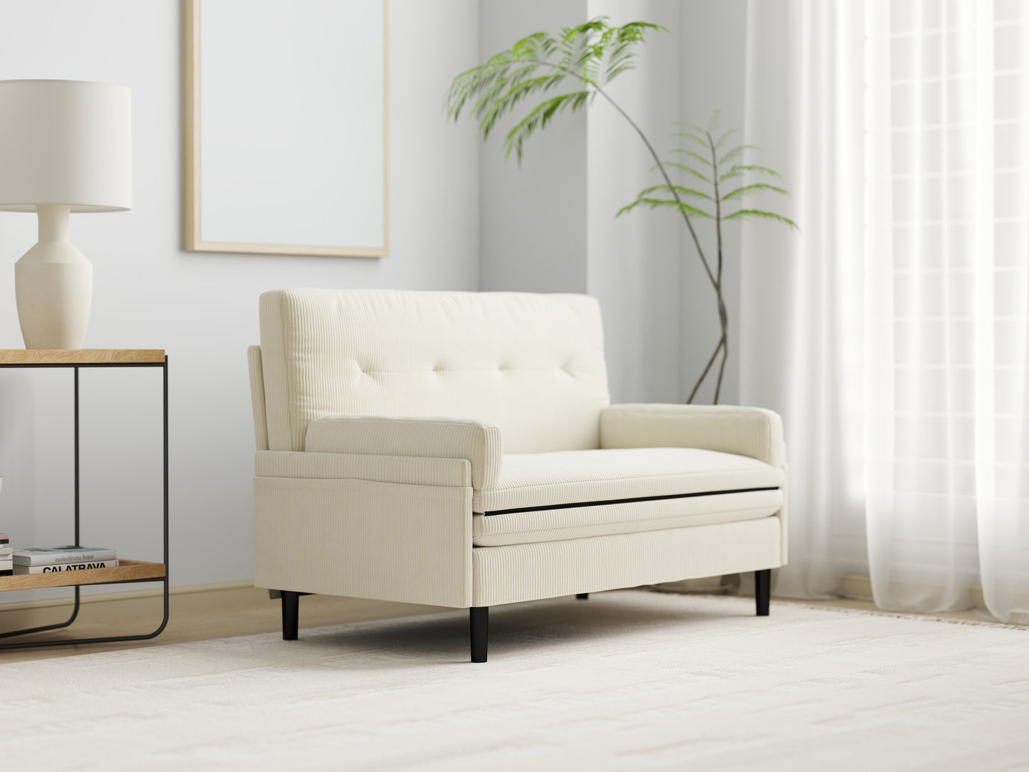 Cream corduroy loveseat with tufted back and black legs