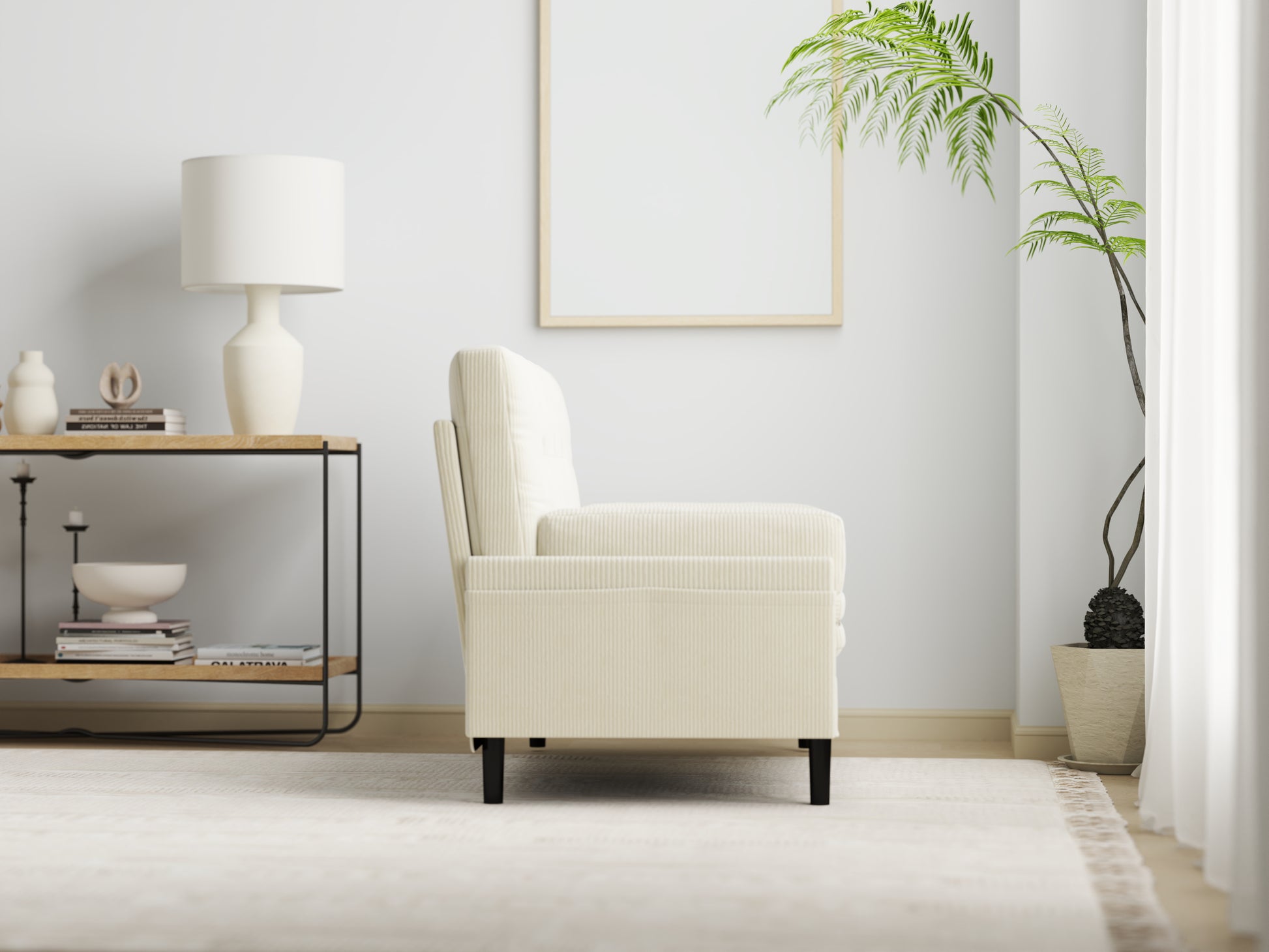 Cream corduroy upholstered armchair with tufted back modern accent chair
