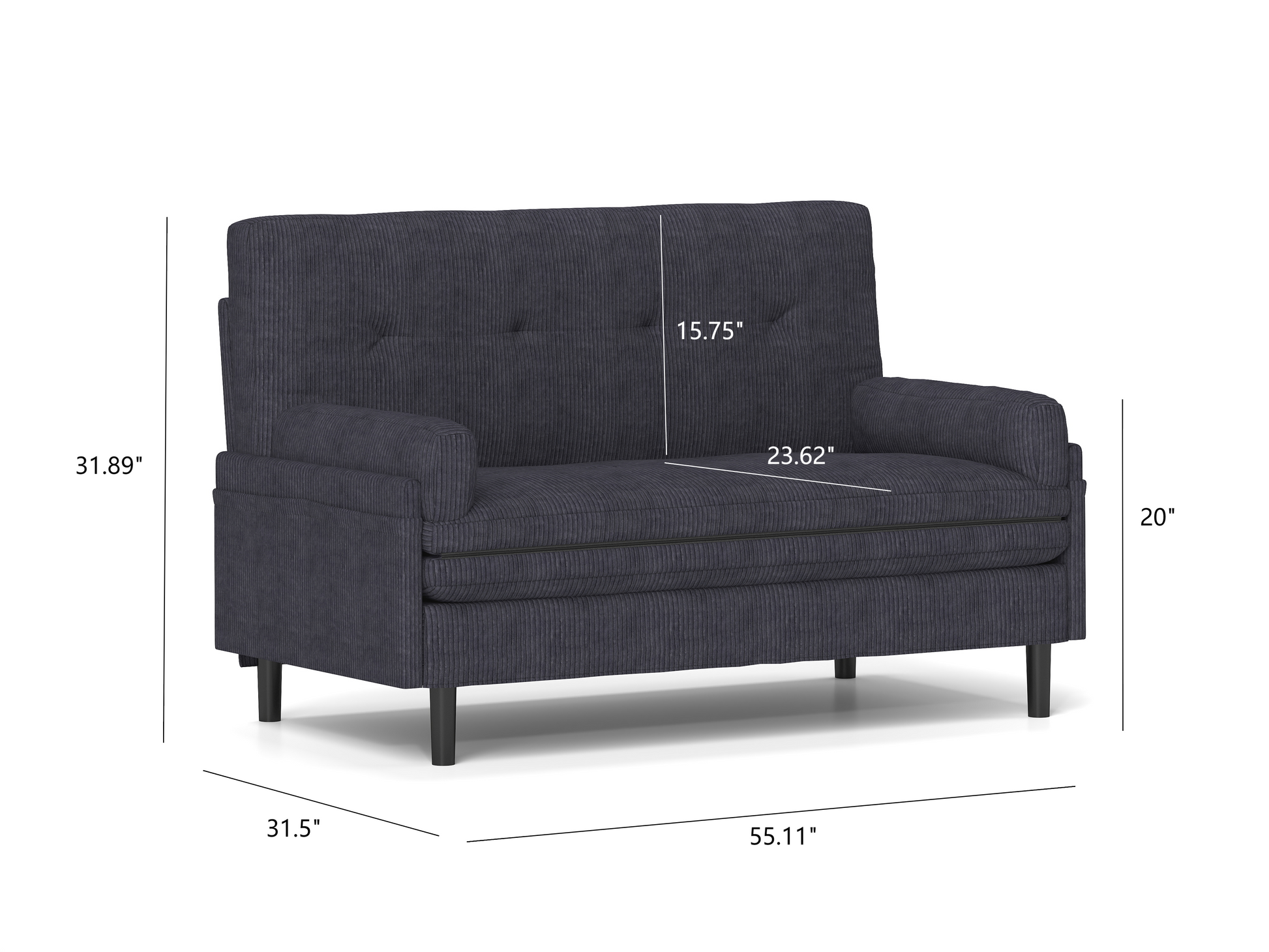 Charcoal corduroy loveseat with tufted back and dark tapered legs