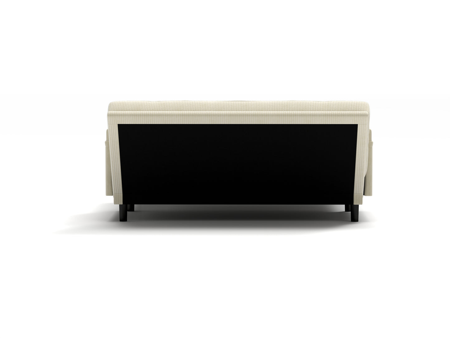Beige corduroy couch seen from the back with black legs