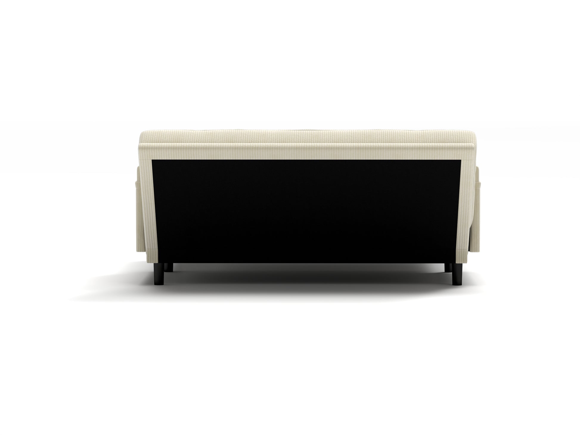 Beige corduroy couch seen from the back with black legs