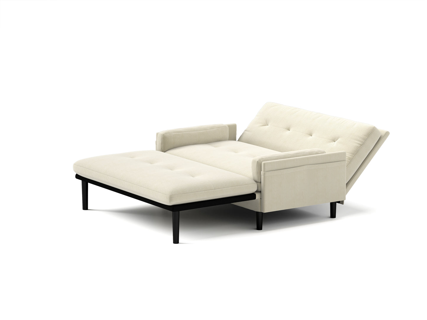 Cream corduroy futon sofa with pullout chaise and tufted cushions on black legs