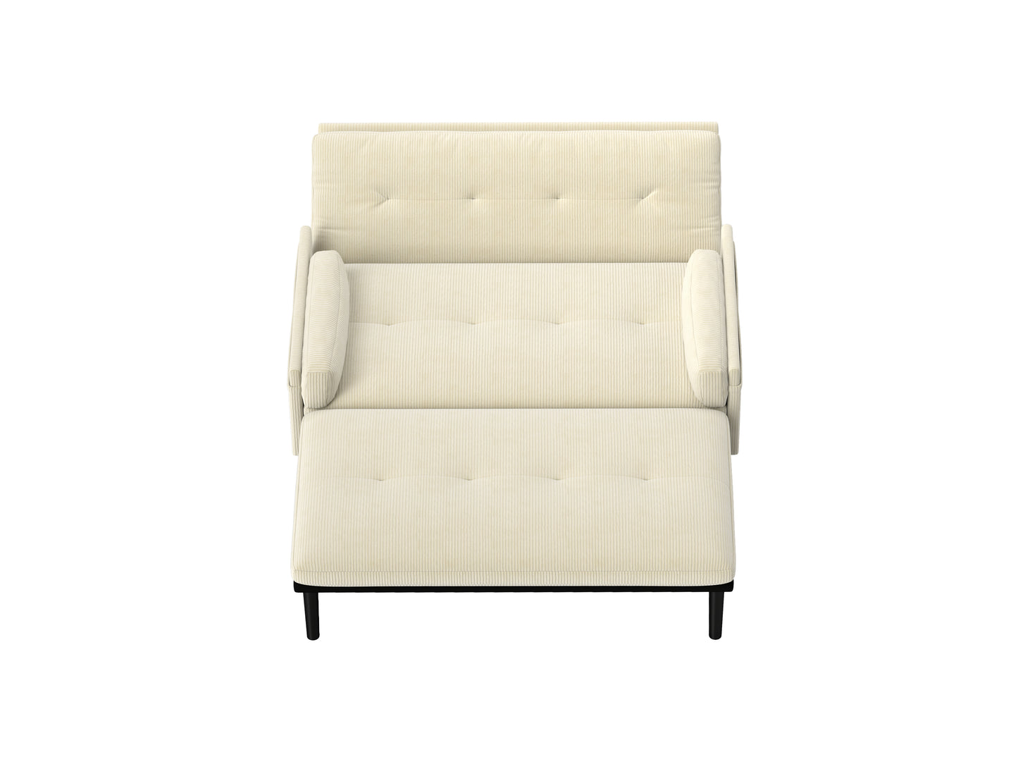 Cream corduroy reclining chair with tufted cushions and black metal legs