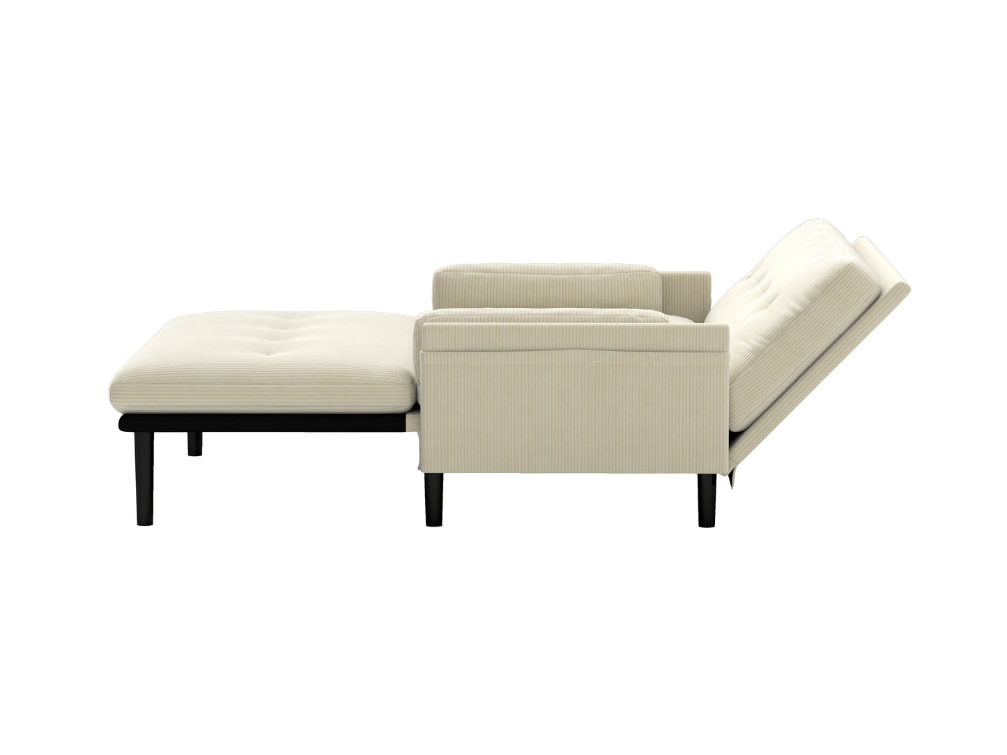 Beige corduroy sofa bed with extended chaise lounge and tufted seat
