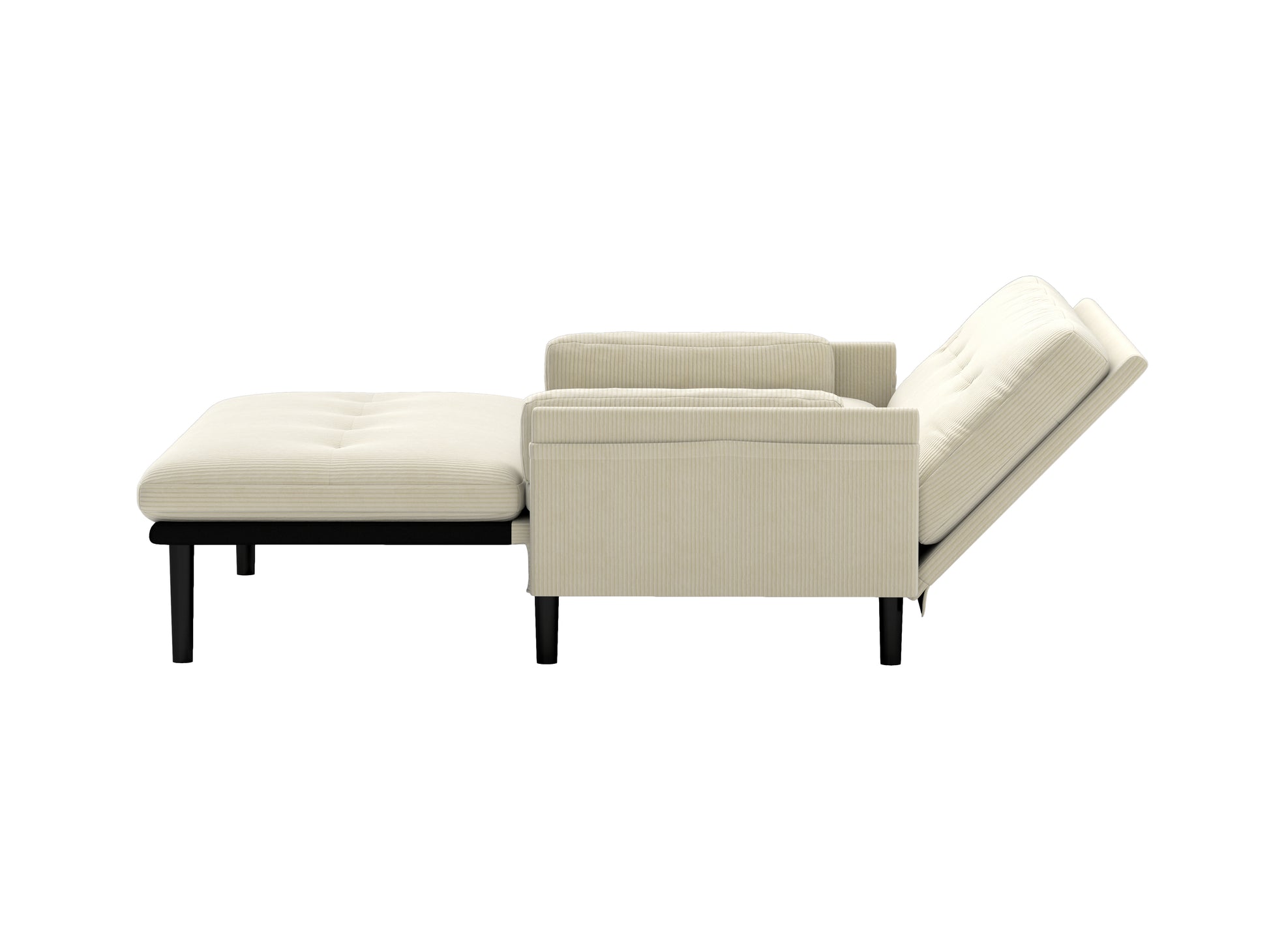 Beige corduroy sofa bed with extended chaise lounge and tufted seat