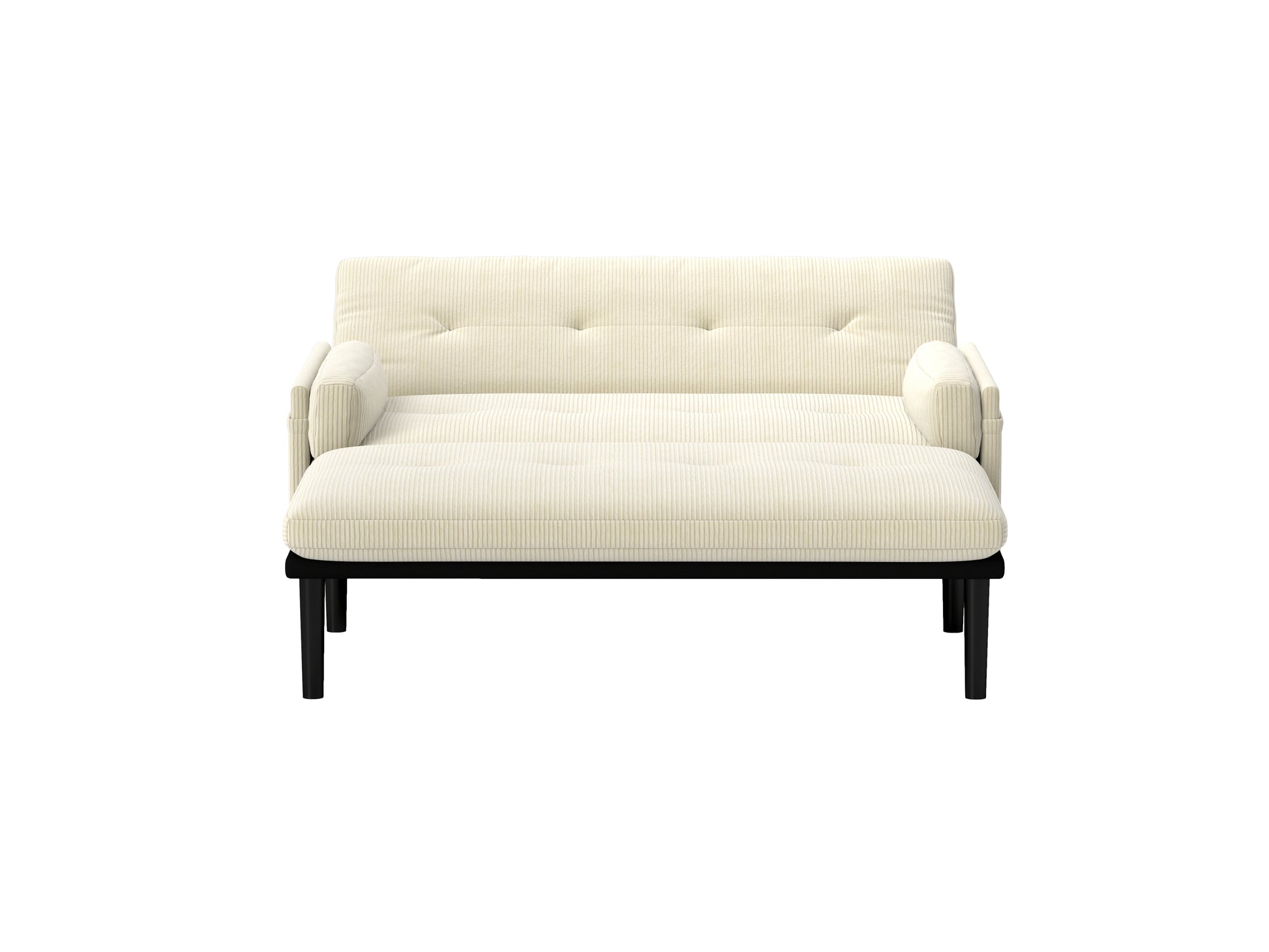 Cream corduroy sofa with tufted back and removable ottoman for stylish living room seating