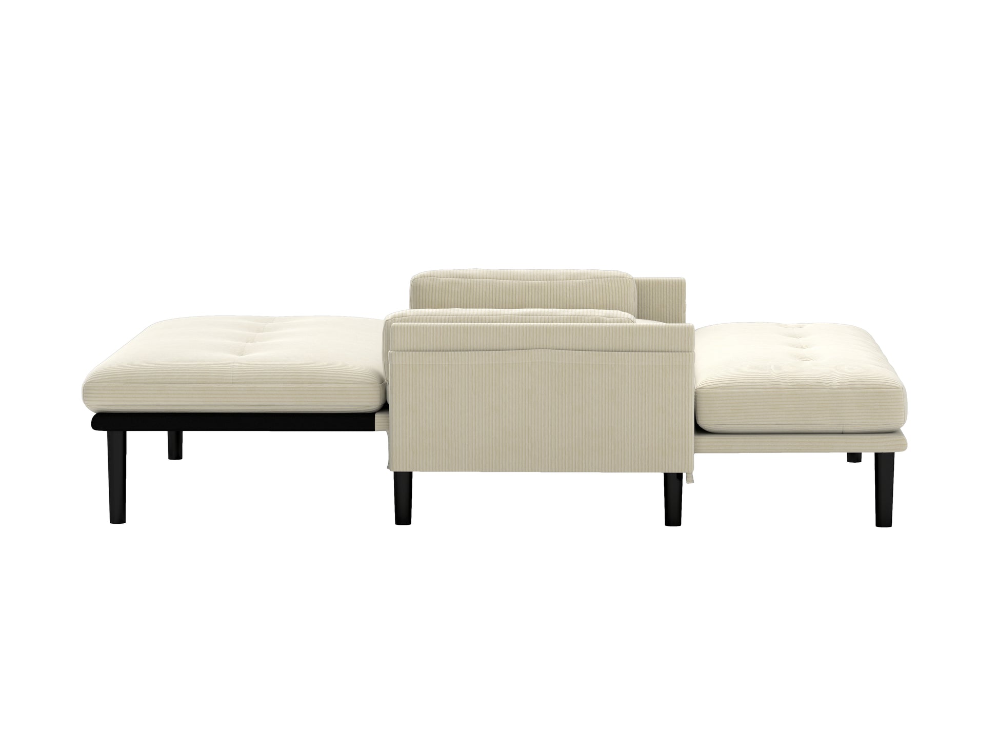 Cream corduroy modular sofa with tufted seats and black metal legs