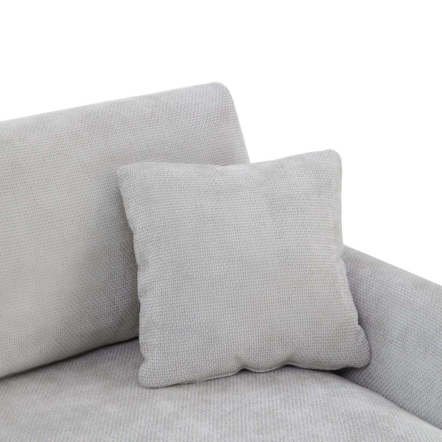Light grey textured throw pillow with woven fabric detail