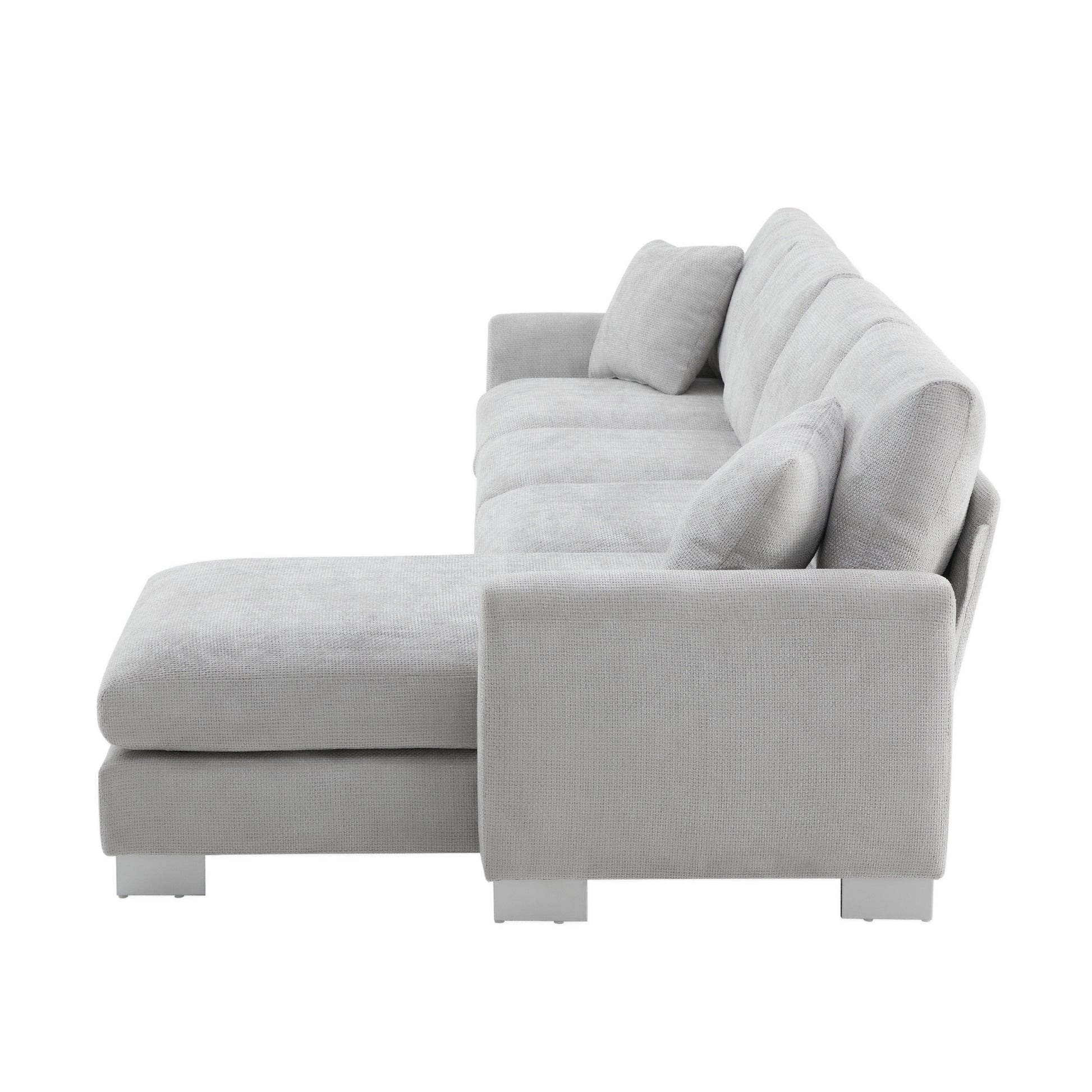 Light grey fabric sectional sofa with chaise lounge and plush cushions
