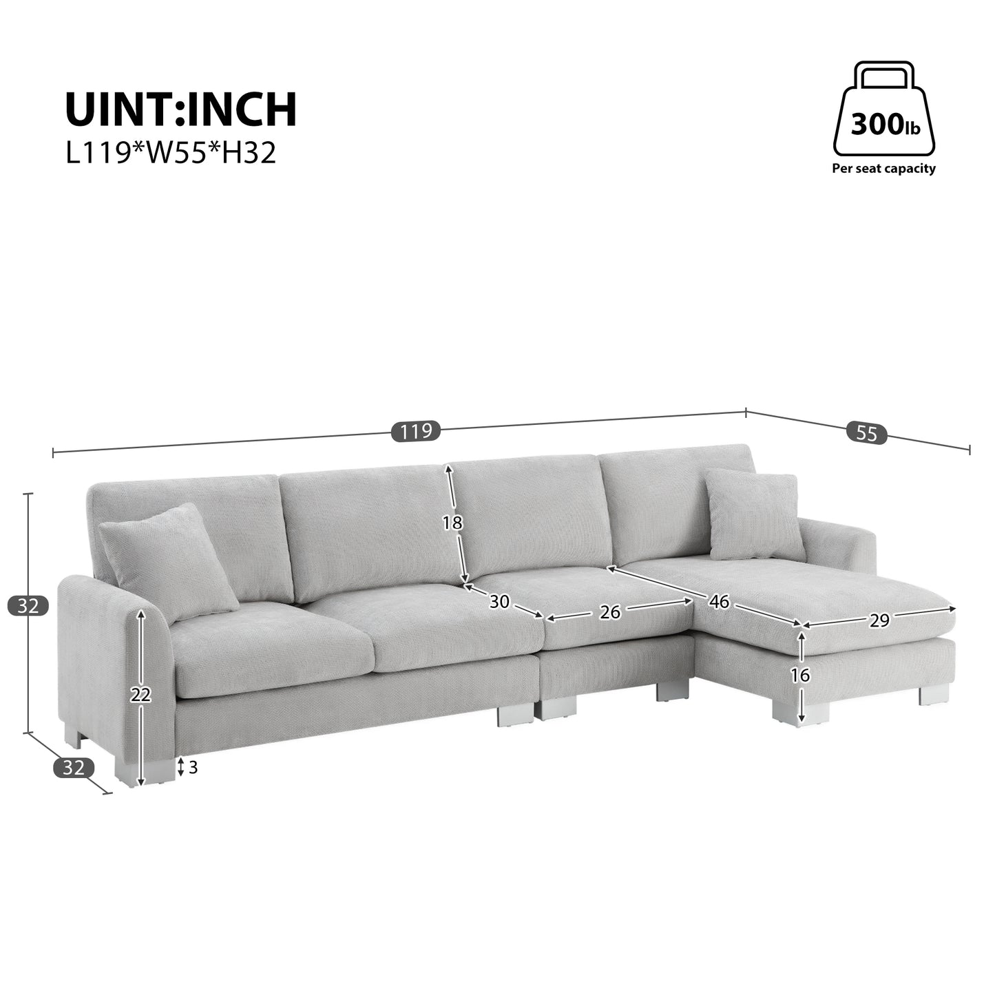 Light gray fabric sectional sofa with chaise dimensions L W H