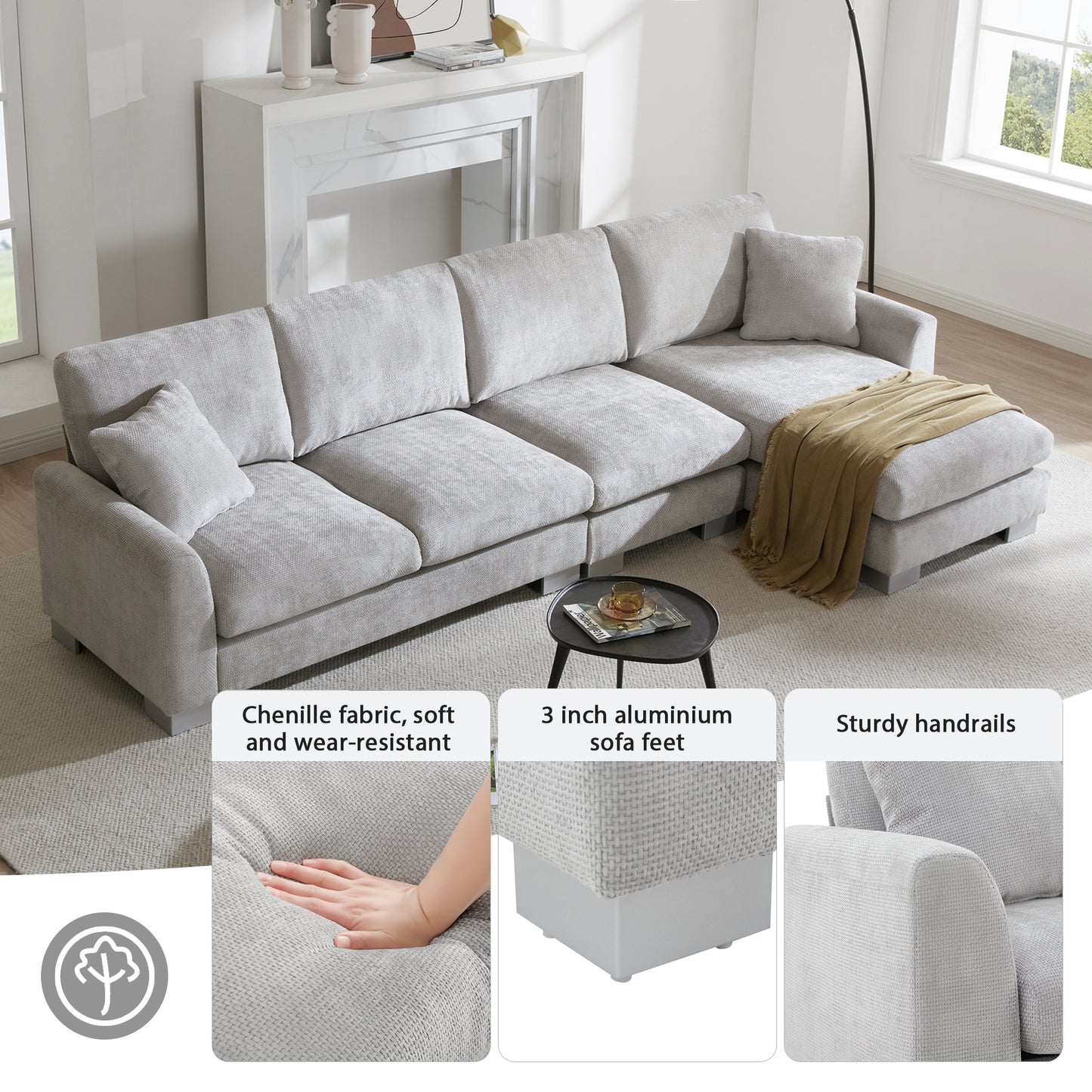 Light grey chenille sectional sofa with modular design and plush cushions