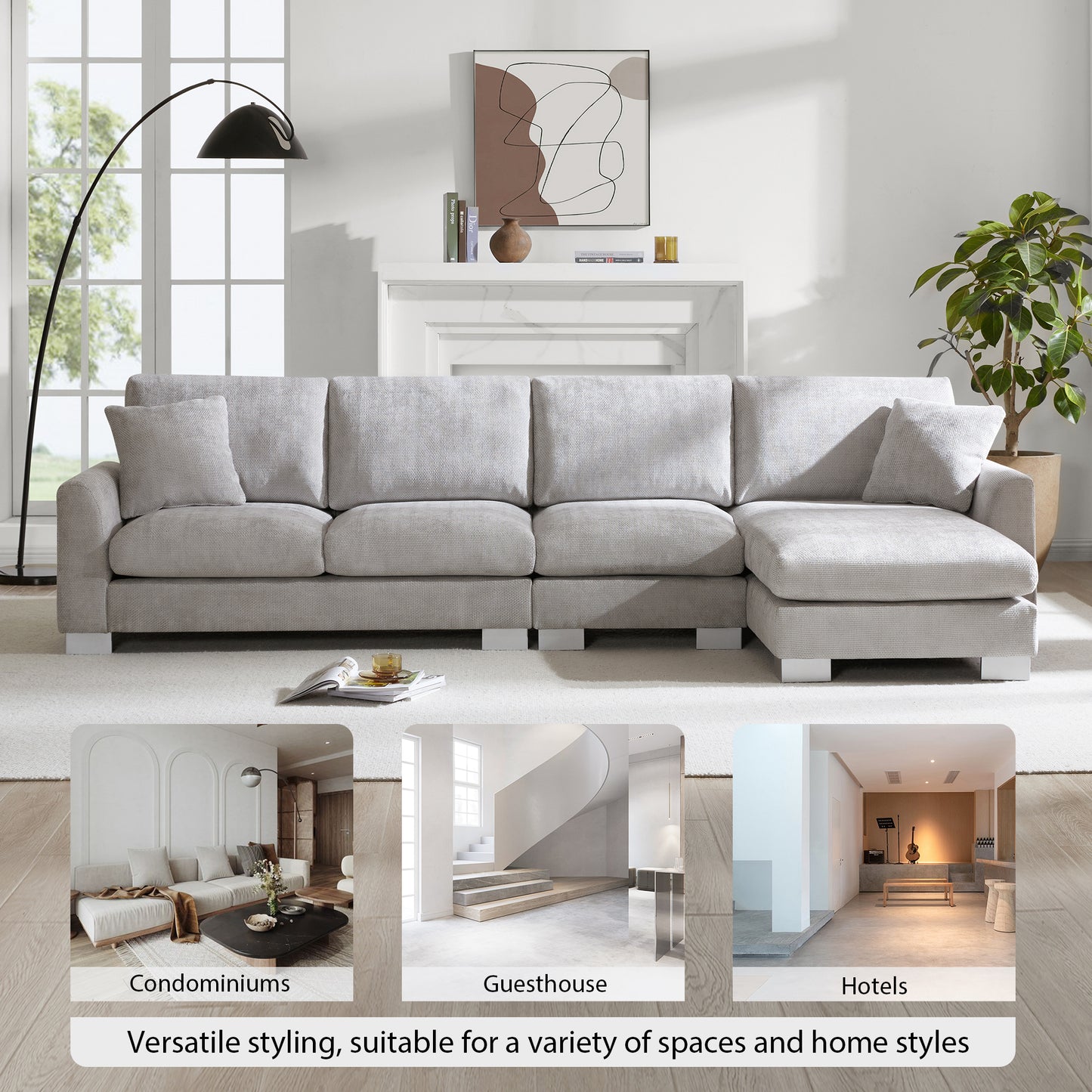 Light grey sectional sofa with plush cushions in a modern living room