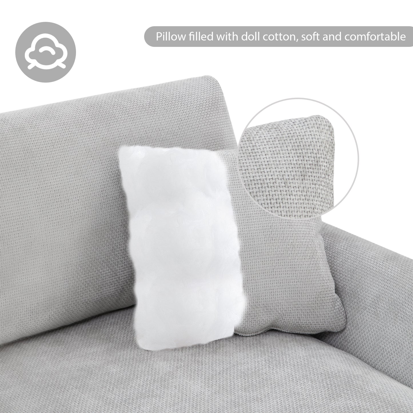 Closeup of soft grey pillow showing doll cotton filling comfortable seating
