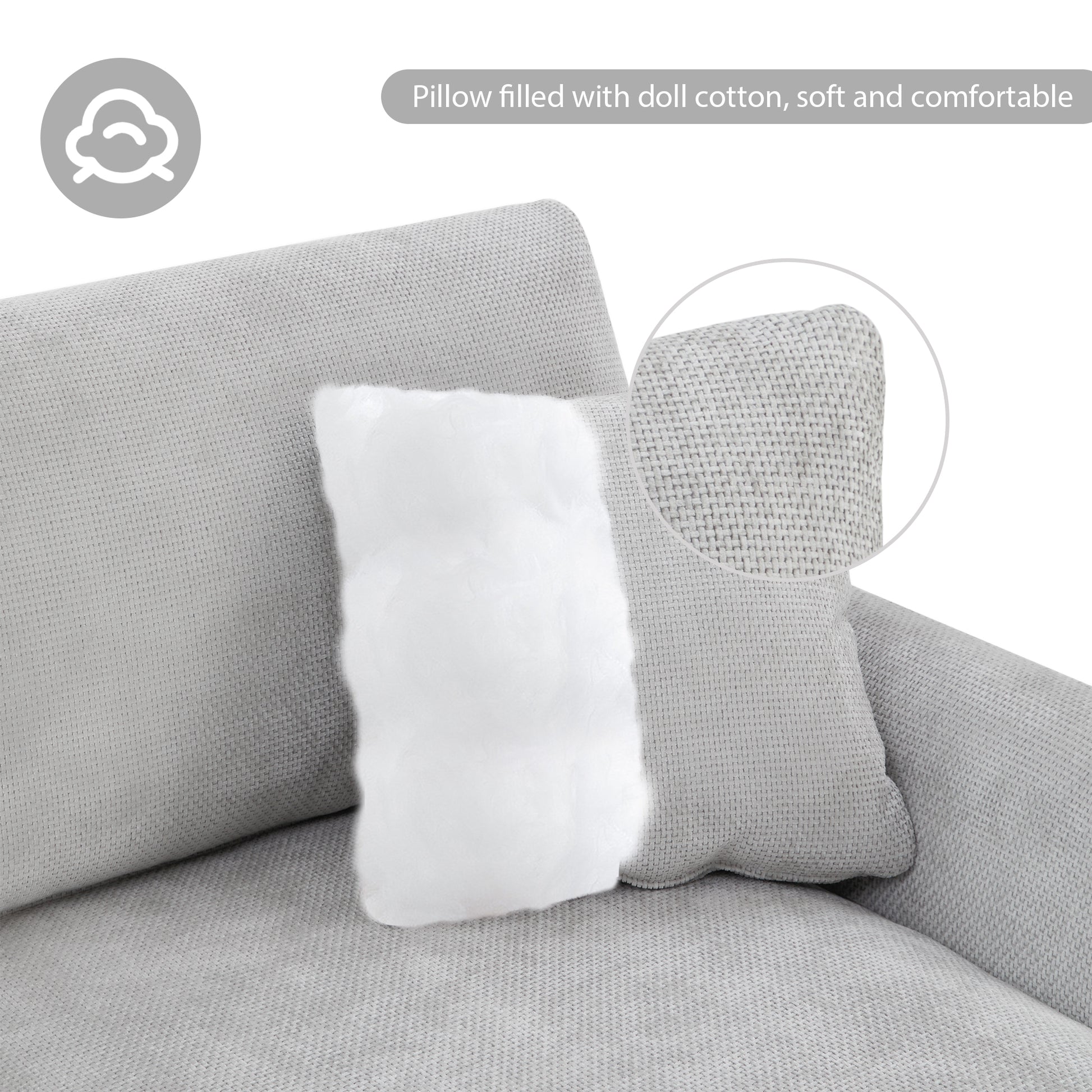 Closeup of soft grey pillow showing doll cotton filling comfortable seating