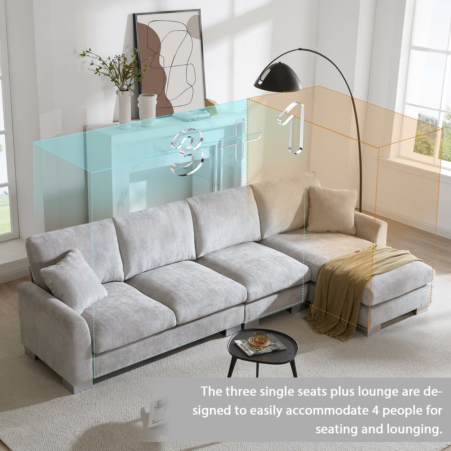 Light gray fabric sectional sofa with chaise perfect for modern living rooms