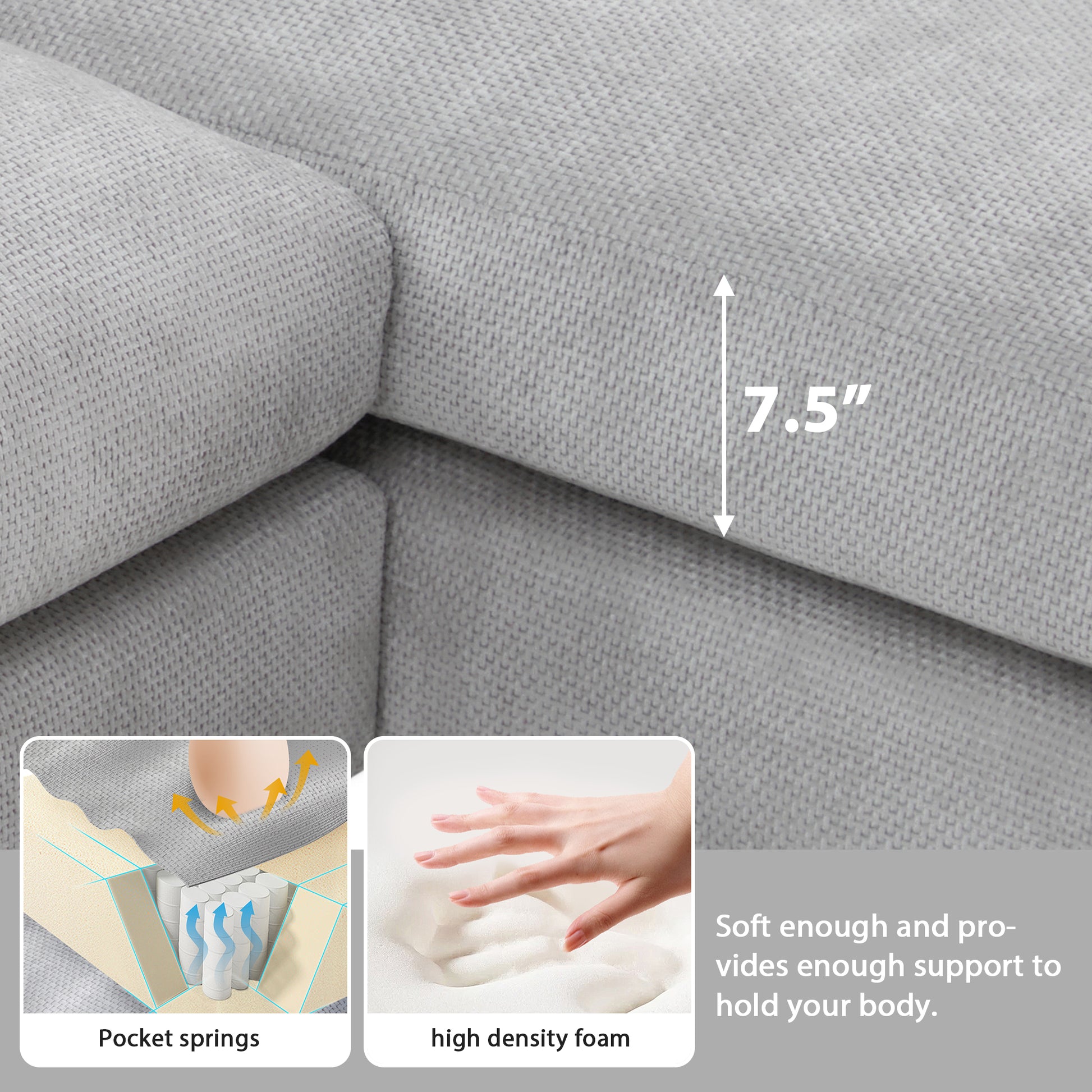 Closeup of a grey textured fabric sofa showing  inch cushion height detail