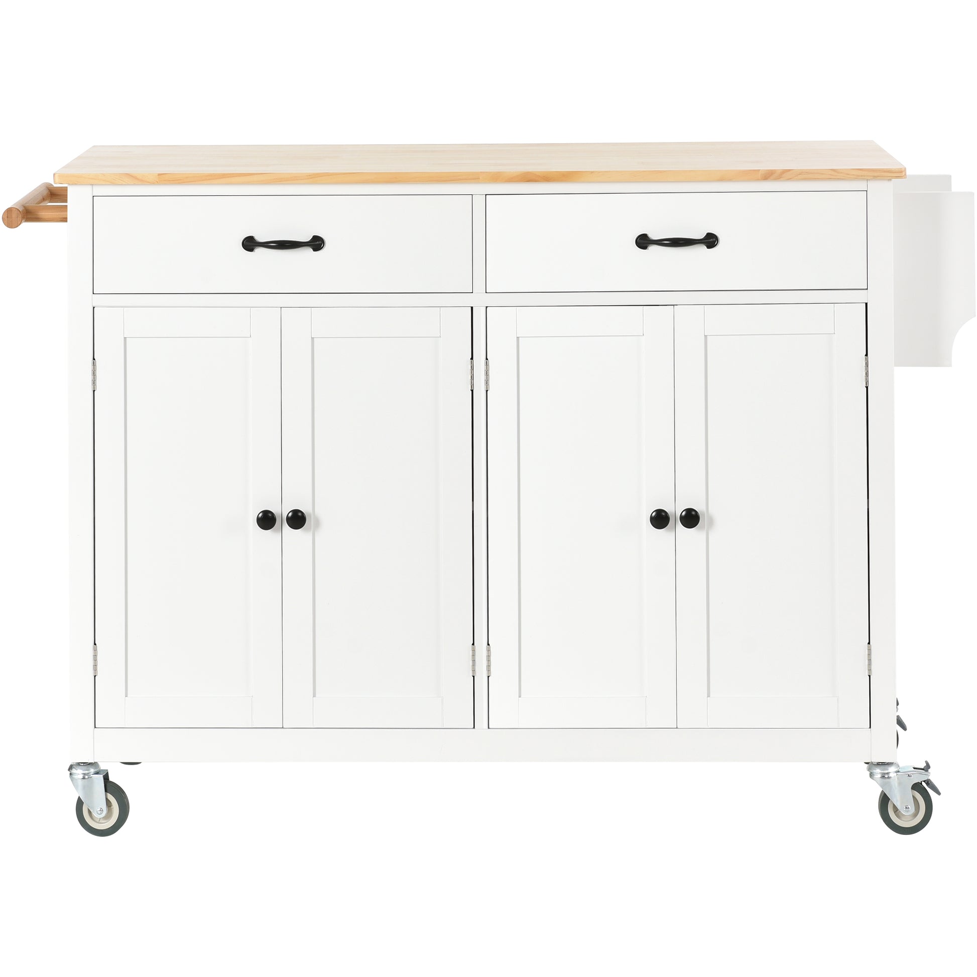 White kitchen cart with butcher block top and dual drawers
