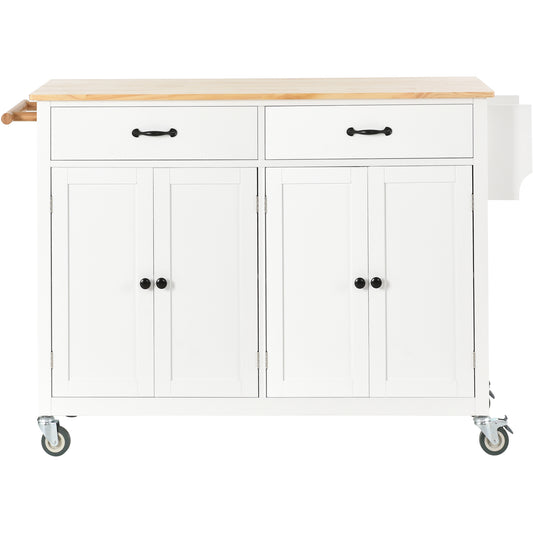 White kitchen cart with butcher block top and dual drawers