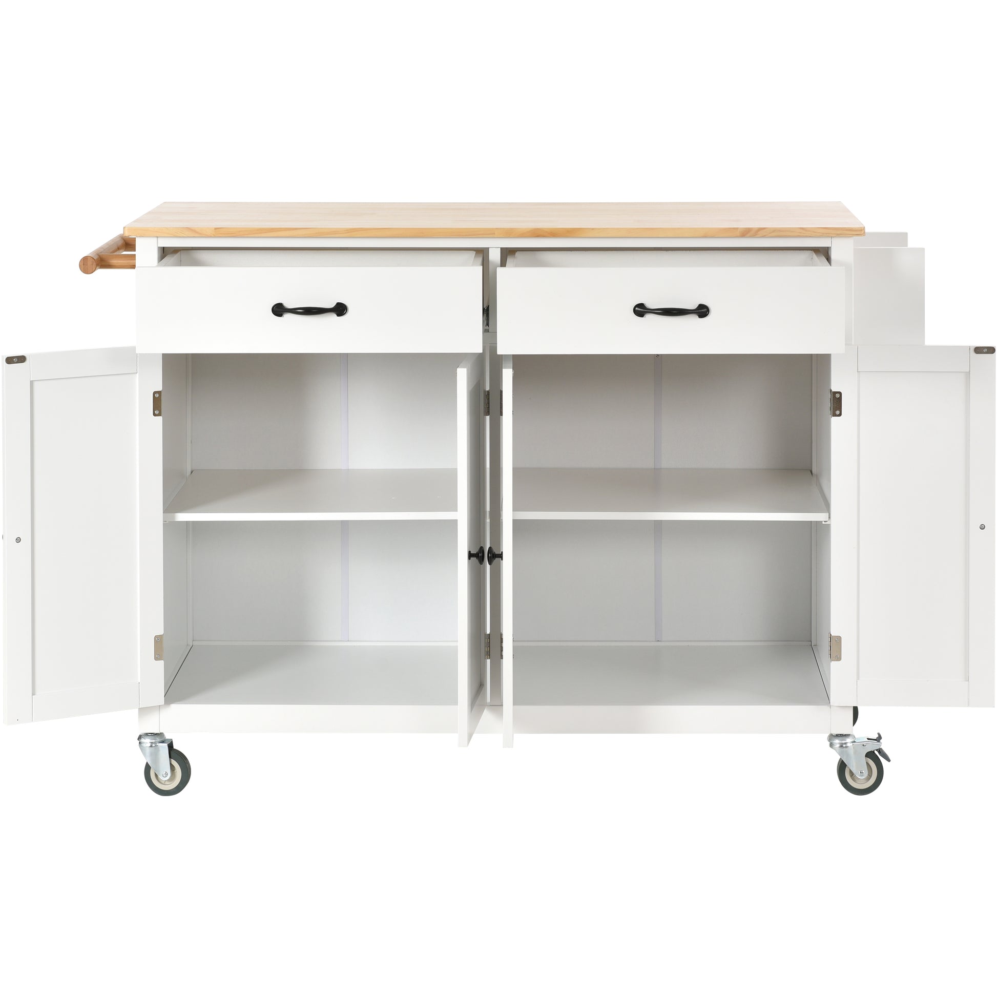 White kitchen island cart with wooden top two drawers and open cabinet space on wheels
