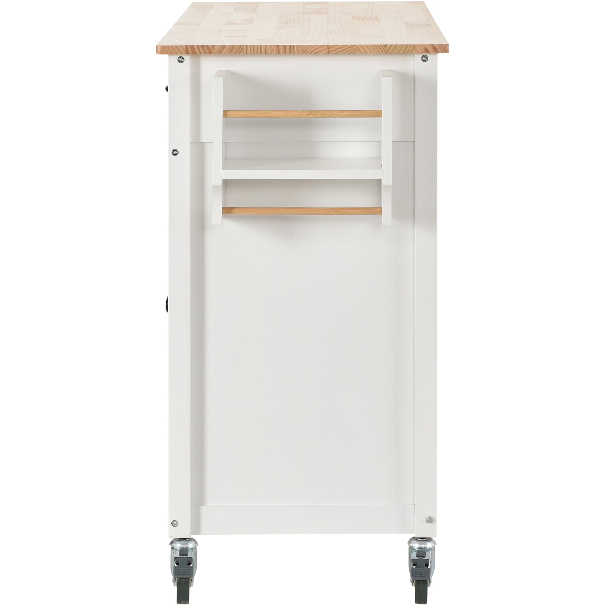 White kitchen island with butcher block top and casters
