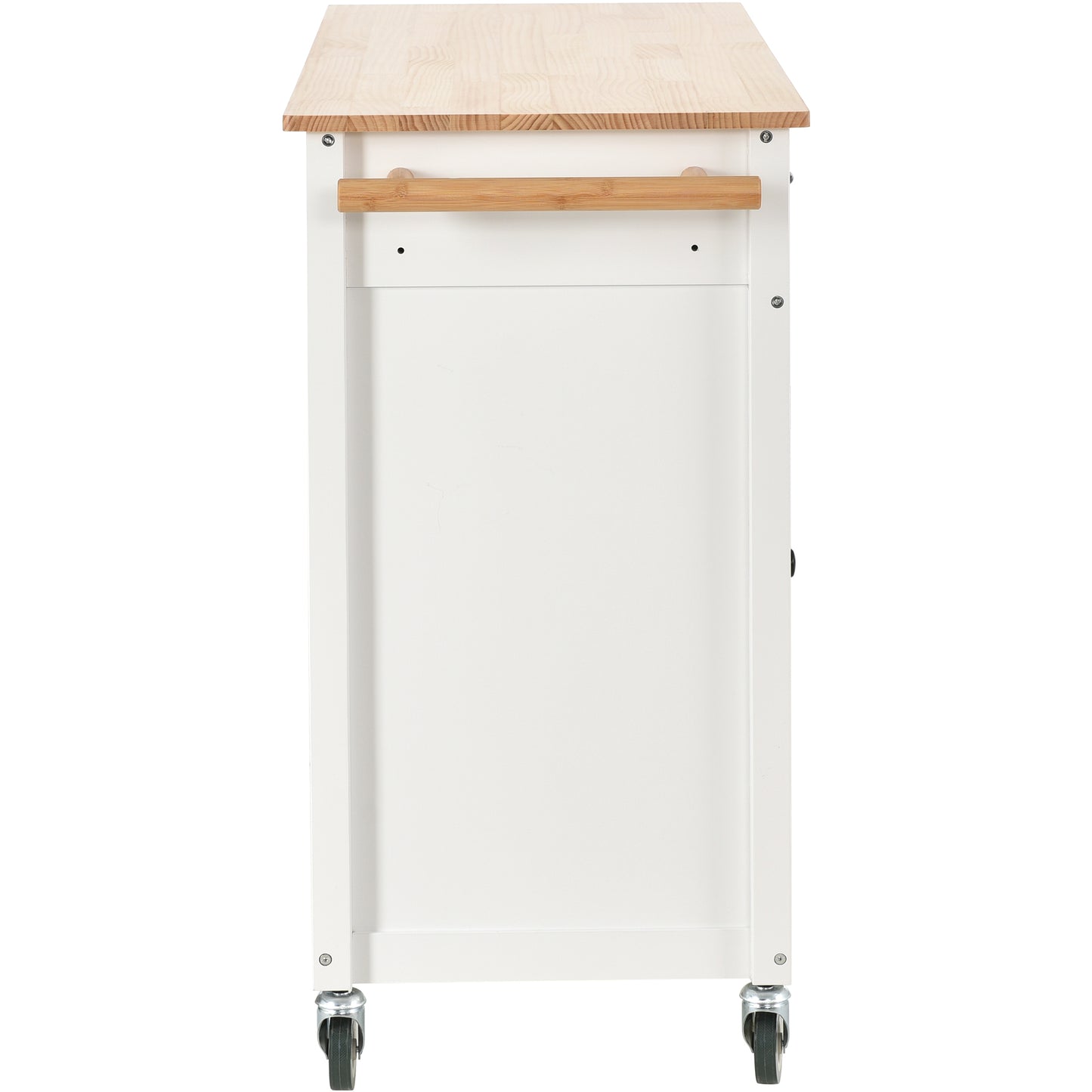 White kitchen cart with butcher block top and bamboo towel bar
