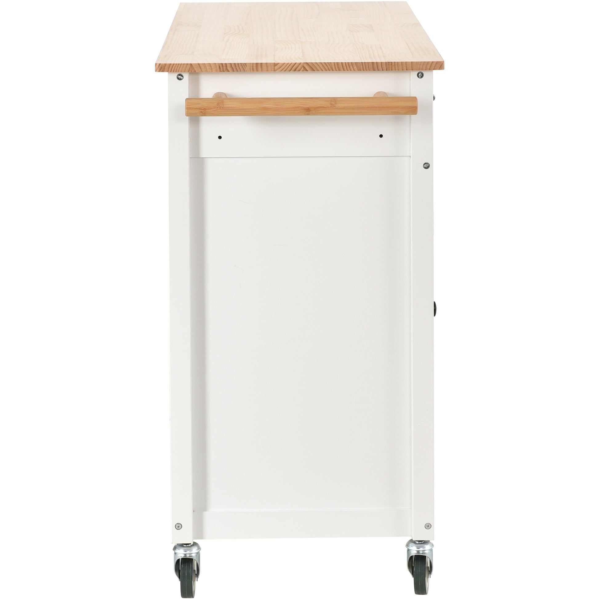 White kitchen cart with butcher block top and bamboo towel bar