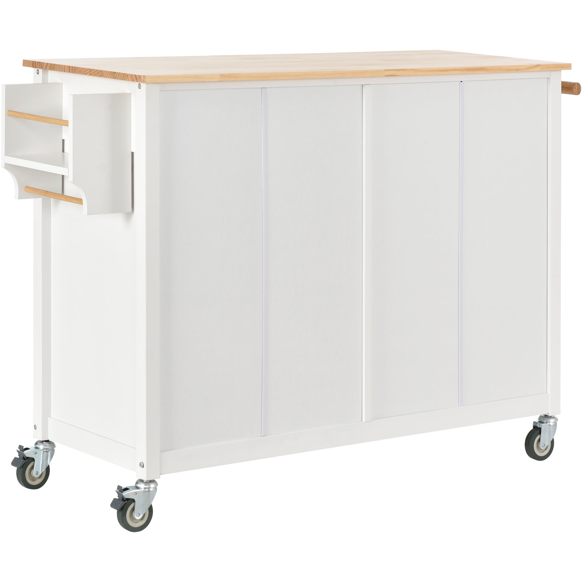 White kitchen island with wooden top and casters