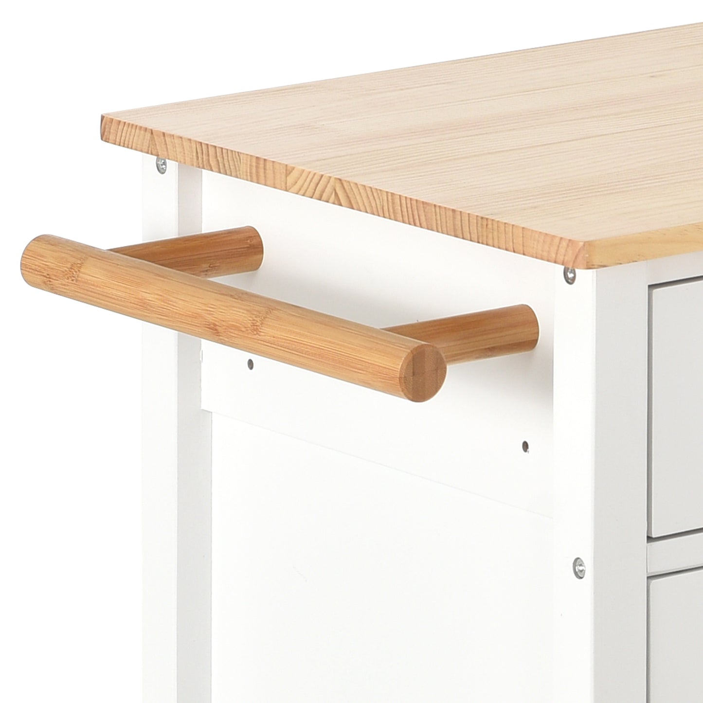 White kitchen cart with bamboo towel bar and natural wood top