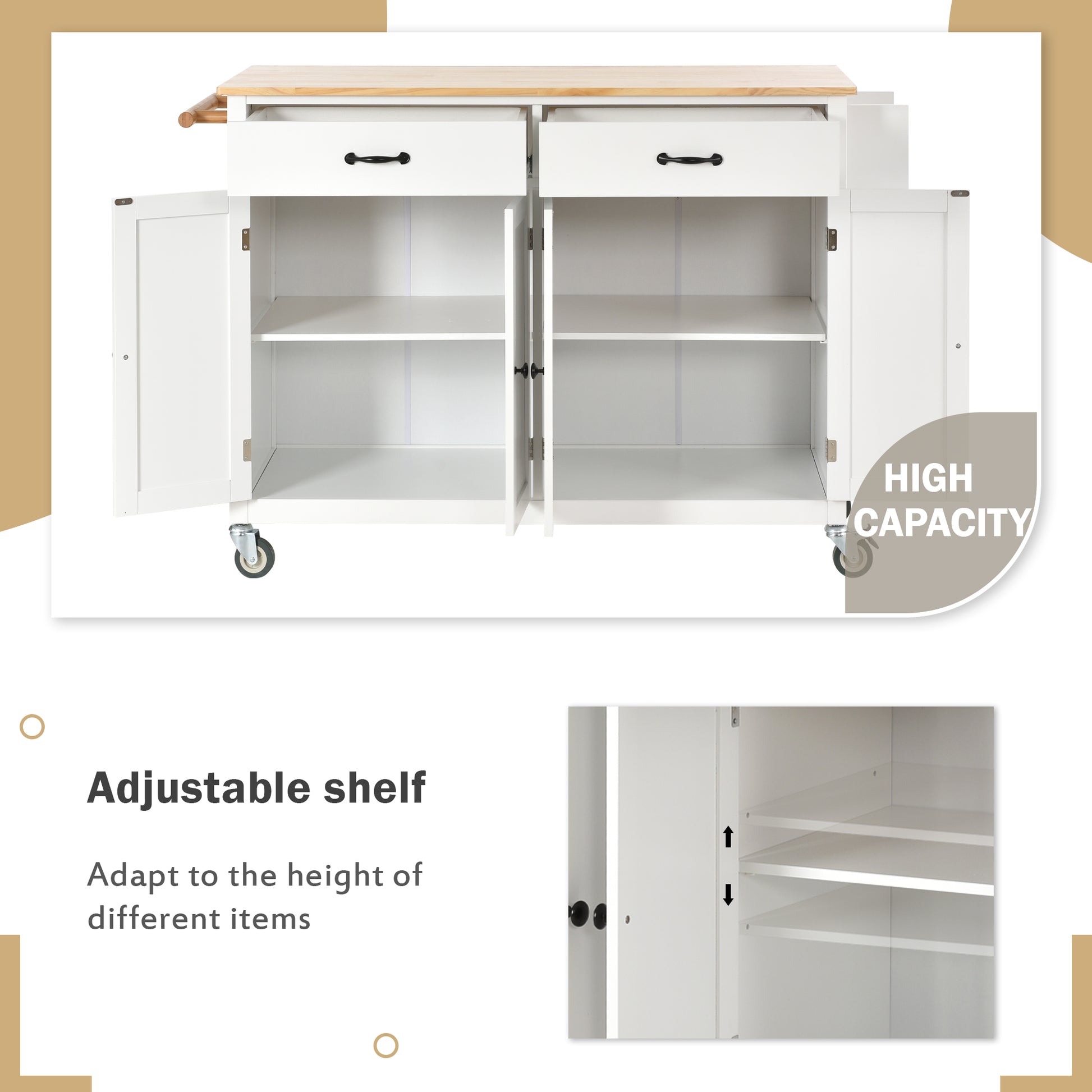 White kitchen cart with butcher block top and open storage cabinets