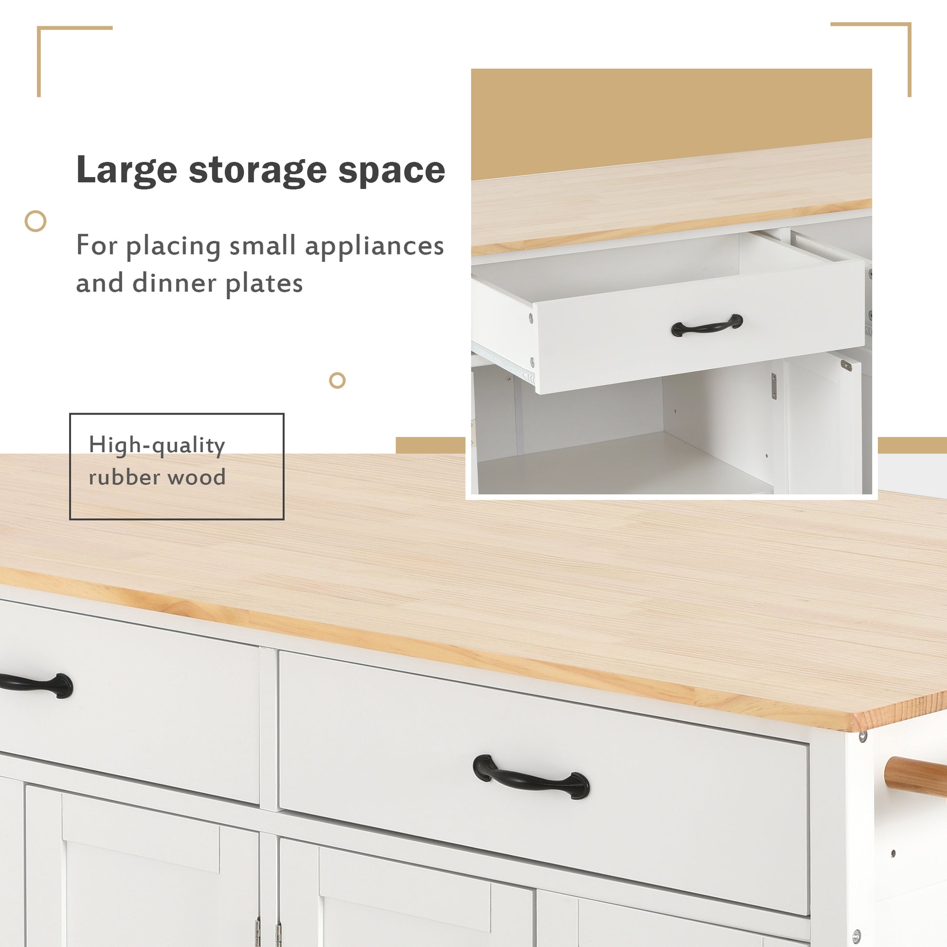 White kitchen island with natural wood countertop and black drawer pulls