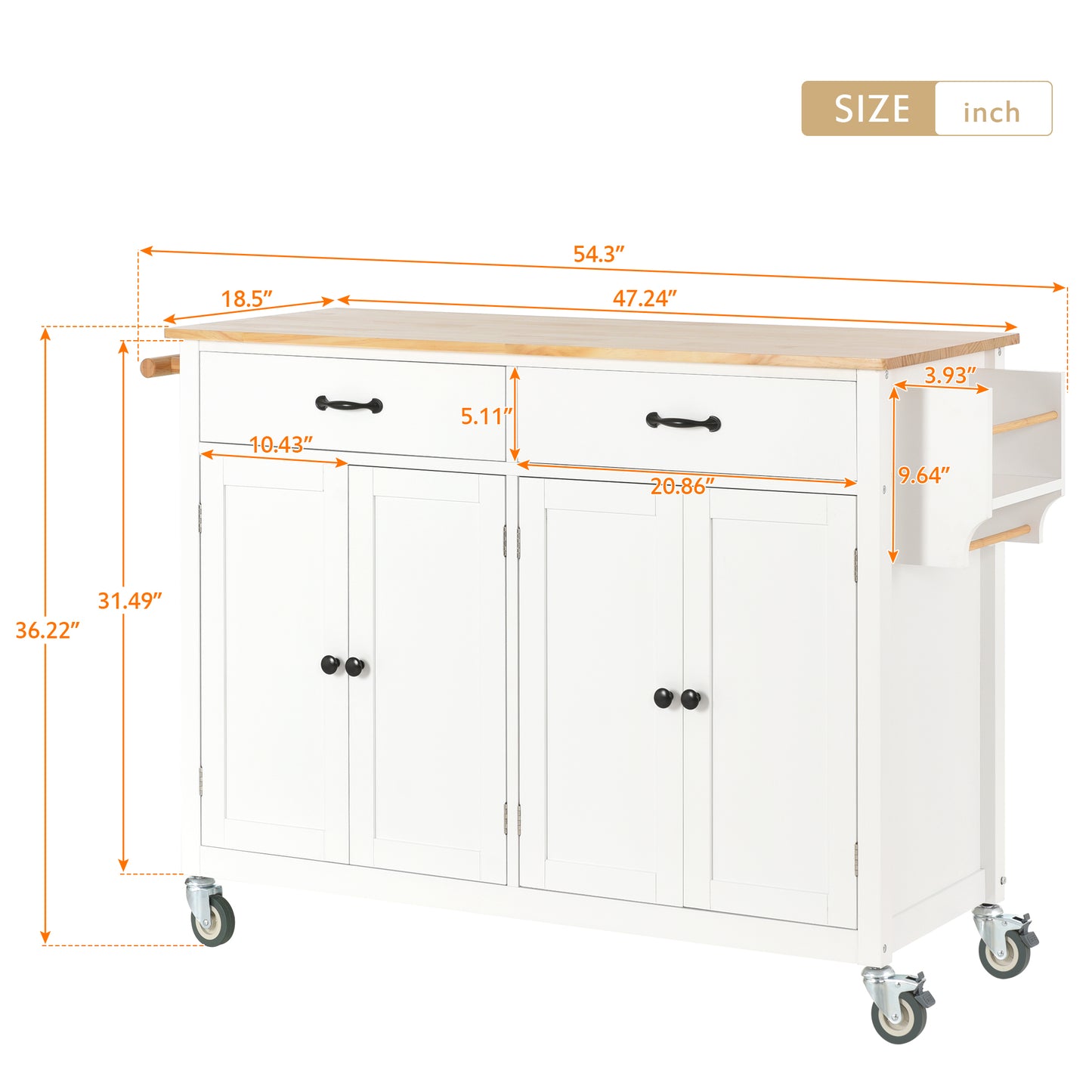 White kitchen island cart with wooden top two drawers and two cabinet doors