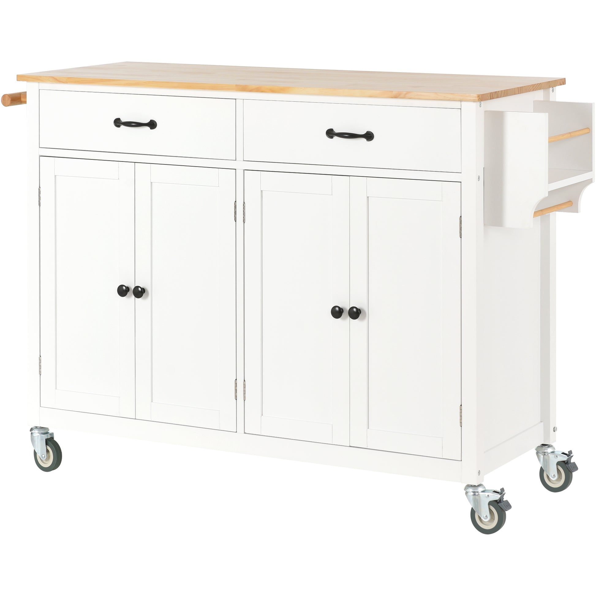 White kitchen island with wooden countertop and two drawers