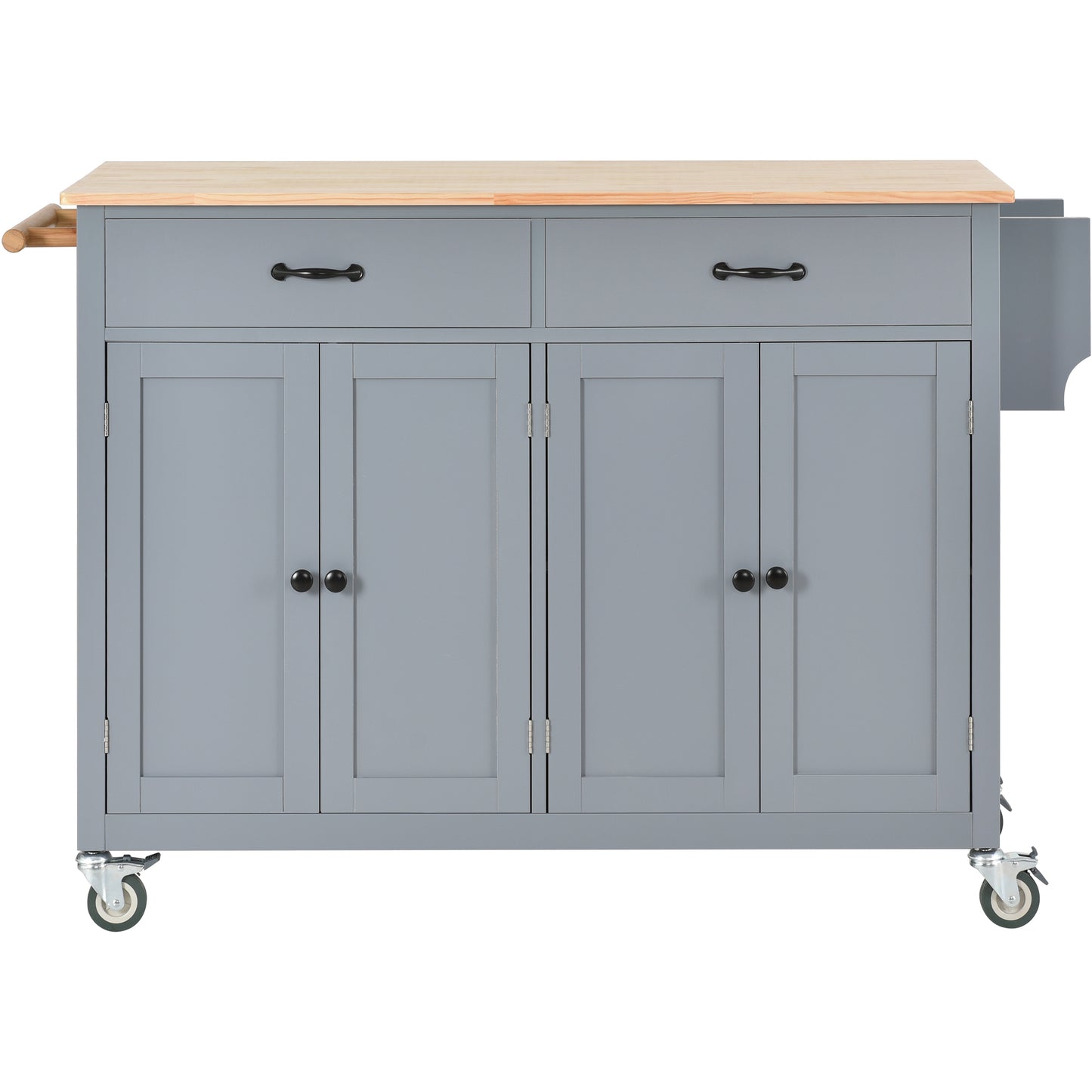 Gray kitchen island cart with butcher block top and two drawers