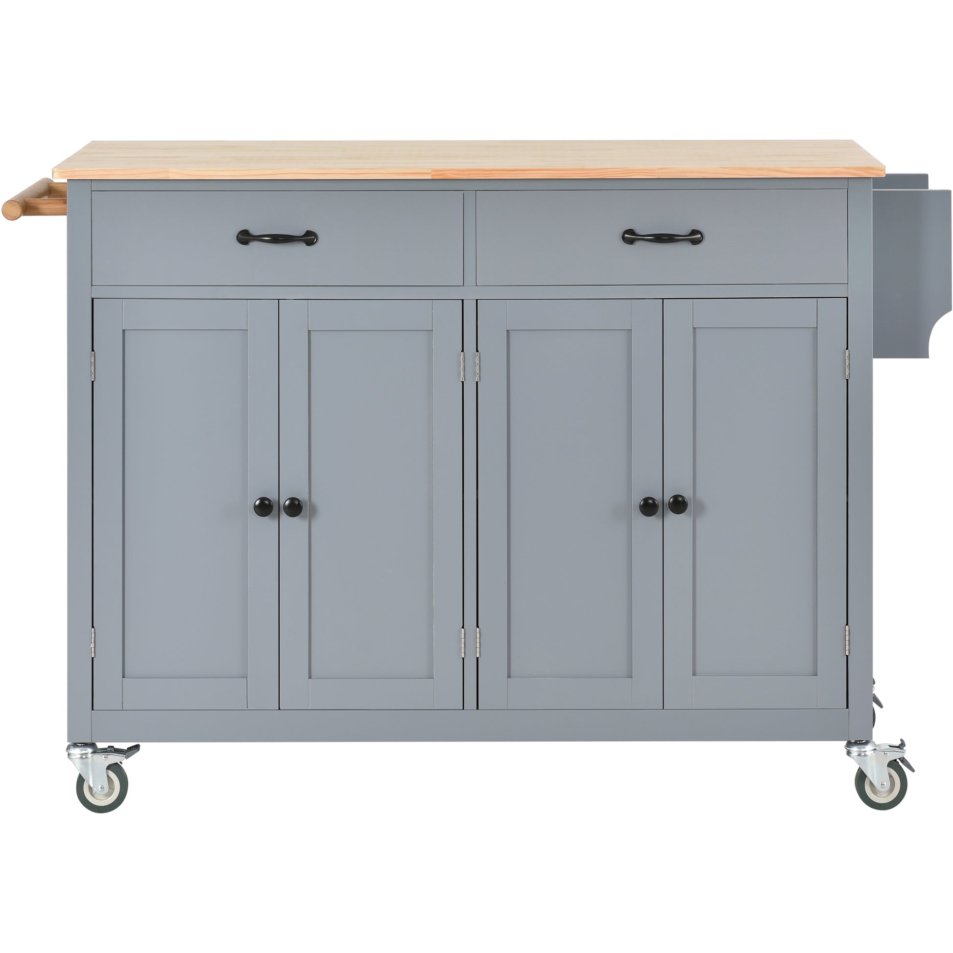 Gray kitchen island cart with butcher block top and two drawers